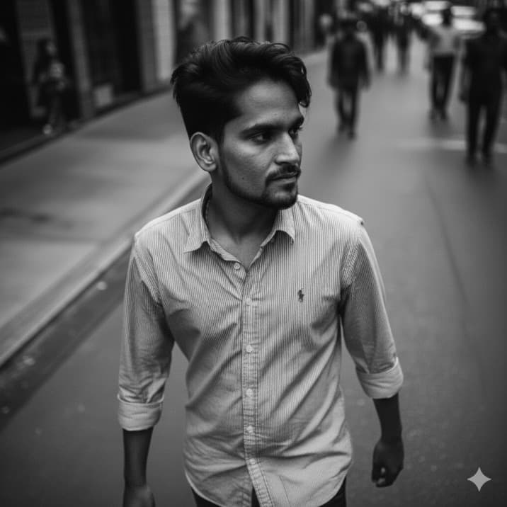 Nano Banana generated image: Analyze the attached image to identify the Subject's gender, age, facial features, and hair style.
Generate a high-fashion image based on the subject's identity with the following style:
- **Core Aesthetic:** Black and white photograph of a Vogue fashion shoot.
- **Setting:** Subject is walking alone down a city street, street photography perspective.
- **Action & Motion:** Strong sense of motion; clothing fabric (matching the style in the original photo) lifted and moving naturally.
- **Camera Angle:** Shot from a high-angle, looking down to create a dynamic composition.
- **Technical Specs:** Candid movement, high resolution, hyper-realistic skin and fabric detail, cinematic contrast, and subtle film grain effect.
- **Mood:** Powerful, modern, and independent.
Maintain the subject's original facial structure and ethnicity from the uploaded photo while translating them into this high-fashion context.