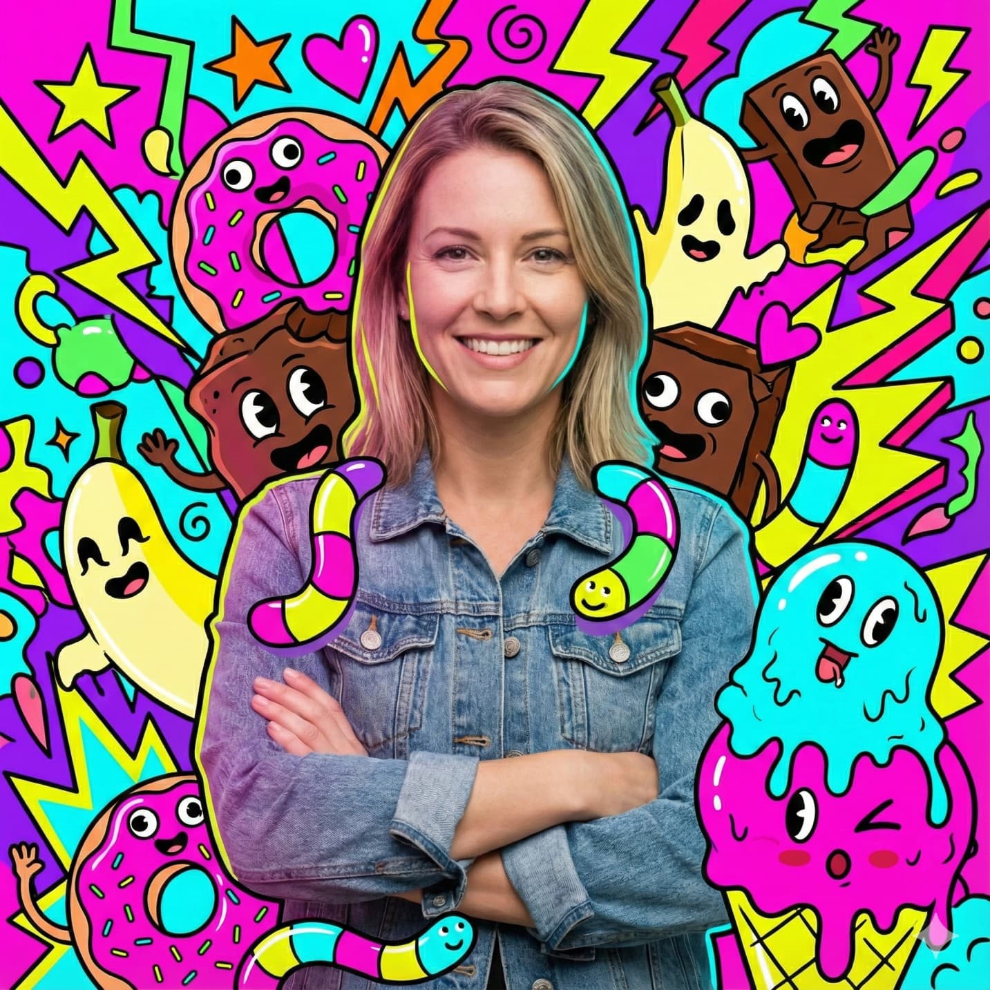 Nano Banana generated image: Mixed media art, hyper-realistic photography merged with maximalist pop-art illustration. A photorealistic subject in a dynamic pose, surrounded by a hyper-busy explosion of candy-inspired monsters and neon shapes.
The background and negative space are jam-packed with goofy, cute-ugly doodle creatures made of donuts, chocolate chunks, banana ghosts, candy worms, and melting ice cream. The illustrations are flat, neon-bright vector shapes with thick black outlines.
Composition rules: The doodle monsters should peek from behind the subject's shoulders, overlap the clothing with subtle shading, and fill the background, but strictly avoid covering the subject's face, skin, or hands.
Lighting is intense neon mixed lighting, electric and kinetic mood. Wide lens, subtle distortion, sharp focus on the photorealistic subject.