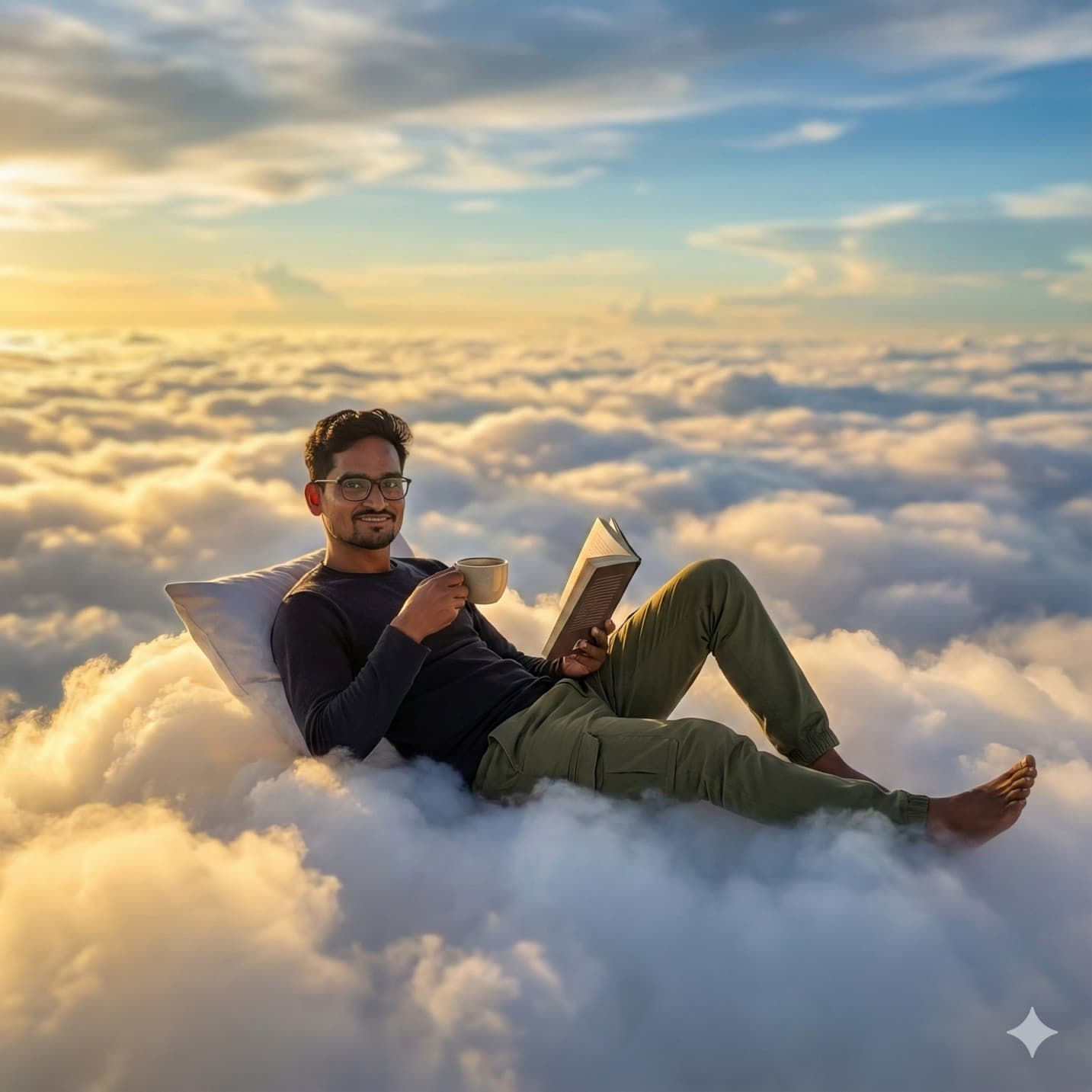 Nano Banana generated image: the person from the reference photo ( keep the face of the person 100% accurate from the reference image ) relaxing on a fluffy, glowing cloud high above the sky, surrounded by soft golden sunlight and vast layers of clouds stretching to the horizon. the person is lying back comfortably with a pillow, wearing a dark long-sleeve shirt, olive green pants, and glasses, holding a book in one hand and a coffee cup in the other. the lighting is cinematic and warm, capturing the golden hour ambiance with radiant highlights and gentle shadows across the clouds. captured with a wide-angle lens at medium depth of field, balancing focus between the subject and the surrounding dreamy sky. the overall atmosphere is surreal and serene, blending realism with fantasy in a peaceful, imaginative setting.