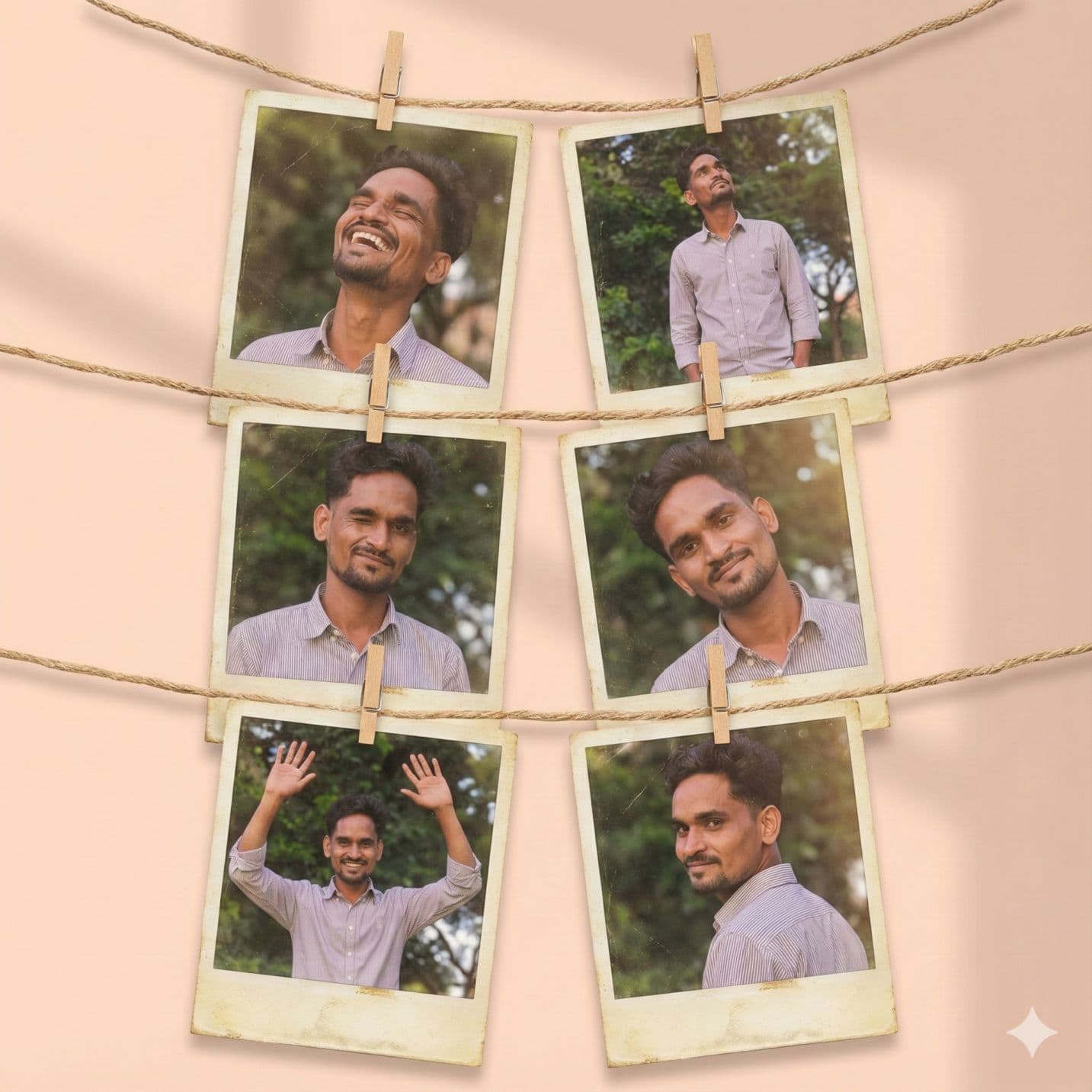 Nano Banana generated image: Create an artistic collage of 6 vintage Polaroid photos, attached with a decorative rope and mini clothespins, like a home photo gallery. Each Polaroid frame has a slight fading and an old paper effect. The background is a soft pastel wall with light shadows, creating a cozy and creatively chaotic atmosphere. Emotions and poses: Light laughter — eyes closed, natural joy. Dreamy gaze upwards, relaxed pose. Playful wink. Calm smile with a head tilted to the side. Dynamic gesture hands raised high, full of energy. Romantic half-glance over the shoulder. The atmosphere is an art-retro style with elements of a '70s fashion magazine, soft diffused lighting, and muted warm and golden tones. Each photograph looks like a unique behind-the-scenes shot, with a touch of nostalgia and a sense of personal history.