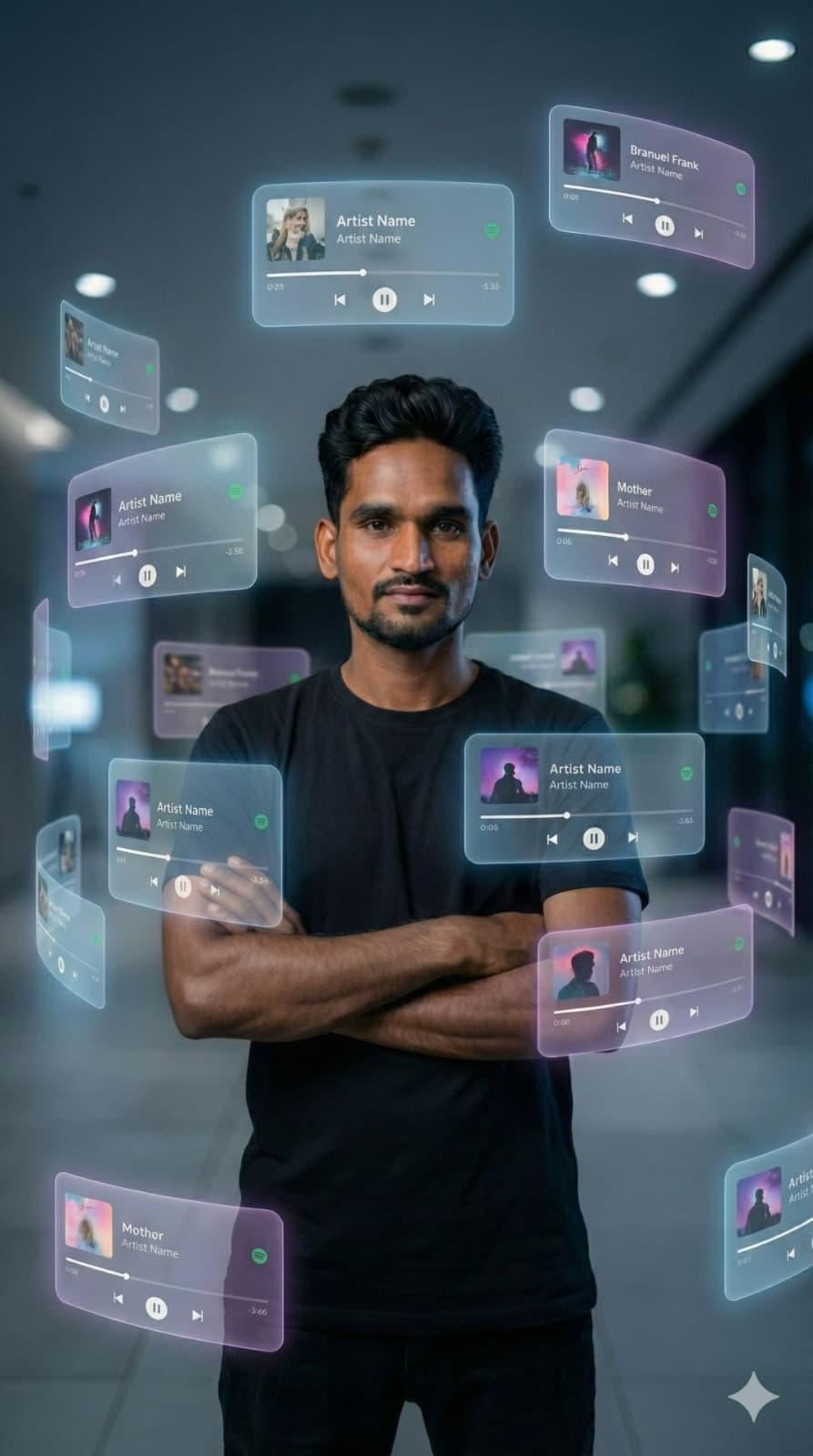 Nano Banana generated image: A dreamlike, movie-quality augmented reality visual where numerous hovering Spotify player interface cards orbit the central figure (the person shown) in a complete 3D spatial composition, with each music player card strategically placed at varying distances, some prominently positioned in front and partially covering the subject, while others float behind and alongside them, utilizing the authentic Apple Music UI/Spotify UI elements playback progress indicators and featuring songs by {argument name="artist name" default="Artist Name"}; all cards display smooth rounded edges with subtle angular perspective shifts, presenting a translucent, frosted-glass aesthetic that radiates a gentle diffused border luminescence with measured cinematic light bloom interacting organically with the ambient lighting of the scene; the composition showcases a cool-to-neutral color palette with rich yet preserved shadow detail, strategic bursts of color from album artwork, medium-high contrast levels with gradual highlight transitions, delicate focal depth variation where nearer cards maintain crisp detail while farther ones receive gentle blur treatment, and understated motion-enhancing accents, all while keeping the subject photorealistic, centrally positioned, and authentically integrated into their physical surroundings. create image in 9:16 aspect ratio