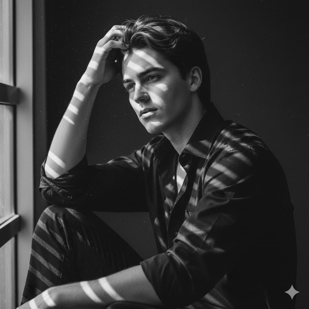Nano Banana generated image: A hyperrealistic 8K black and white cinematic portrait of a handsome man with natural freckles and soft full lips. He's wearing black shirt unbuttoned, sleeves rolled up. He is seated sideways near a window, his body turned slightly away from the camera while his face gently tilts back toward the lens, catching the incoming light. One arm rests loosely on his lap, the other raised with fingers brushing his hair, adding natural elegance to the pose. Sharp beams of sunlight cut through blinds, falling diagonally across his face and body, creating patterns of high contrast that resemble shimmering underwater light. The interplay of shadow and brightness sculpts his features, highlighting the fine detail of his skin texture - visible pores, faint freckles, and the delicate sheen of natural light on her lips and cheekbones. The background is deep and minimal, dissolving into soft gradients of black, with dust particles faintly visible in the illuminated air. Film-like grain enhances the analog quality of the portrait, while the high contrast of pure blacks against luminous whites makes the composition timeless and editorial. Don't change the face.
Use the attached image and don't change facial details