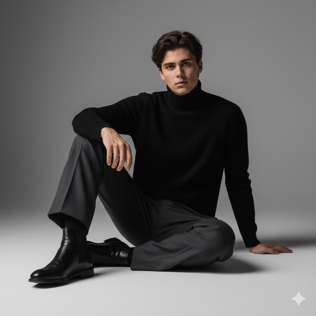 Nano Banana generated image: Use the uploaded photo as the identity reference. Preserve the person’s exact facial features and likeness — no alterations or stylization. Create an ultra-realistic 8K cinematic fashion portrait of the same man sitting confidently on the studio floor, captured from a low-angle medium shot with a 50mm lens. Lighting is soft and directional from the upper left, creating natural highlights and gentle shadows across his face and clothing. He wears a fitted black ribbed turtleneck sweater, tailored gray trousers with clean pleats, and polished black leather ankle boots. His pose is relaxed yet confident — one leg bent upward, the other folded under, with his right hand resting casually on his knee. Expression: calm, introspective, and self-assured. The background is a smooth gray gradient studio backdrop, harmonizing with the outfit’s tones. The overall mood is modern, elegant, and minimalist, inspired by luxury fashion editorials. Maintain natural skin detail, realistic textures, visible pores, and cinematic soft lighting. Render in 8K ultra-sharp focus with hyper-detailed fabric and leather textures, professional studio color balance, and a refined, high-end aesthetic.