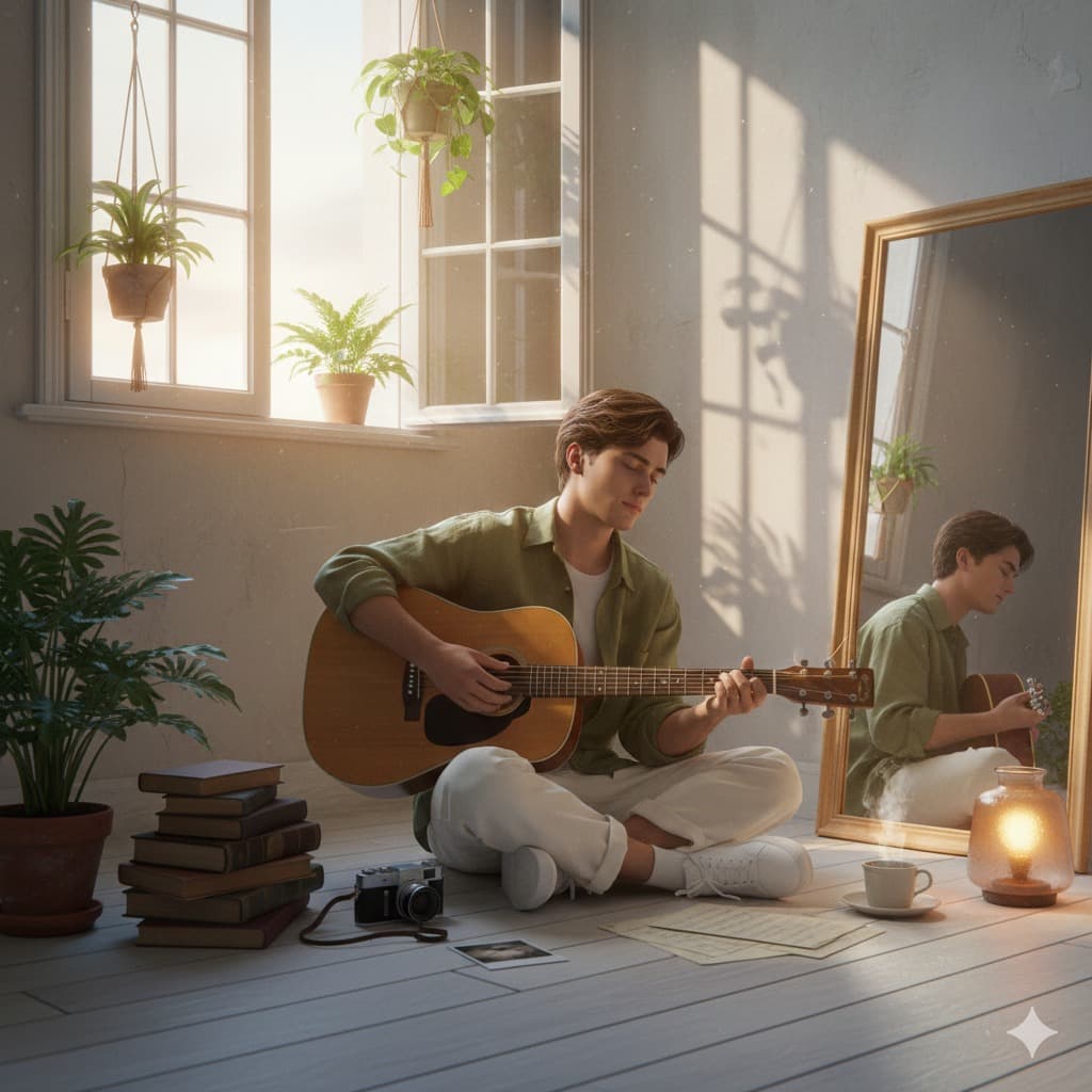 Nano Banana generated image: Hyper-realistic portrait of a person sitting on light wooden floor near a large open window, playing guitar in soft dawn light. The vintage-inspired room has worn cream walls, hanging plants, and ceramic pots casting organic shadows. A floor mirror reflects the scene — the guitar, a softly lit face, and golden light streaming in. Everyday objects fill the space: stacked books, loose music sheets, an old camera, a taped Polaroid, a steaming coffee cup, and a frosted glass lamp glowing amber. Dust sparkles in the sunbeams as warm morning light blends with a cool blue rim light for cinematic depth. Soft vintage bloom, analog 35mm texture, and subtle halos enhance the poetic realism. The person wears natural linen and cotton in faded neutral tones, relaxed and introspective. Side composition, shallow depth of field, 50mm f/1.4 look, and a soft vintage palette of sand, pale blue, and olive green. Negative prompt: CGI, overexposure, harsh shadows, skin smoothing, modern outfits, clutter-free sterile backgrounds, digital filters, or artificial reflections.