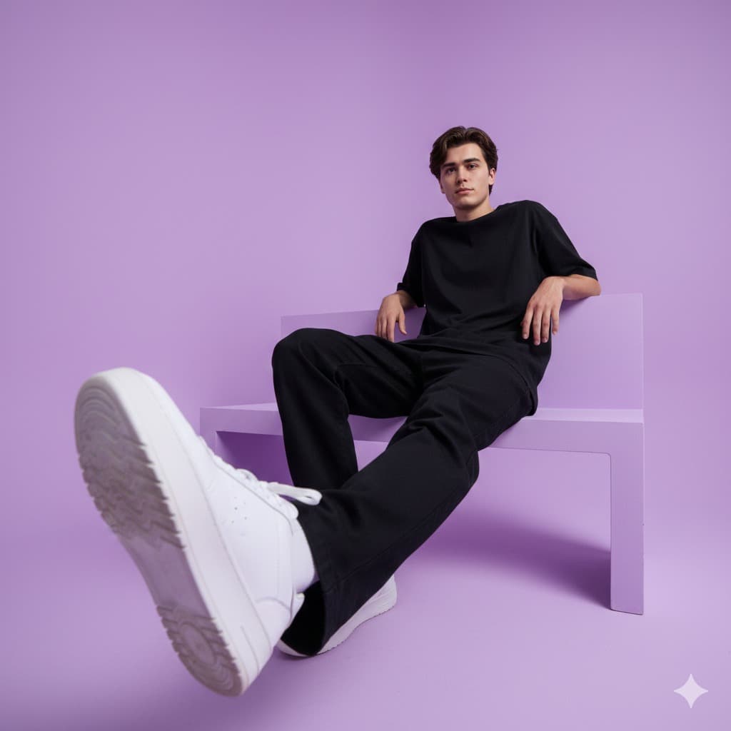Nano Banana generated image: Use the uploaded photo as the identity reference and preserve the person’s face and likeness exactly. Create an ultra-realistic 4K editorial portrait of the same person sitting casually on a bright purple bench in a minimalist lilac studio, wearing an oversized black T-shirt, black pants, and white sneakers. The person leans back slightly with one arm on the bench and the other on their leg, while one sneaker extends toward the camera with the sole clearly visible, creating a strong wide-angle perspective. Use soft, even studio lighting with balanced highlights and shadows, a 4:5 vertical low-angle composition shot on a 20–28mm lens, keeping the face sharp and natural. The scene should be clean, monochromatic, and minimalist with purple tones dominating, no logos, text, or clutter, and rendered in ultra-realistic, high-resolution quality with natural proportions and striking perspective.