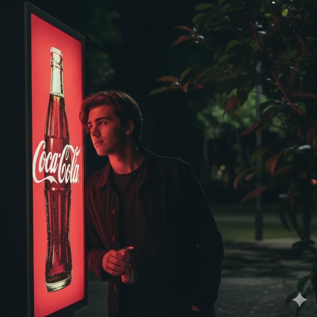 Nano Banana generated image: Cinematic night street photography of a man with the exact same face as the reference photo, leaning casually against a large vertical Coca-Cola illuminated light
box sign, dramatic red glowing light spilling from the box and illuminating his face and upper body. Framing: medium shot (half body), side profile, slightly low angle.
Pose: head tilted slightly upward with a dreamy, thoughtful expression, one hand resting while the other holds a Coca-Cola can. Setting: outdoor park-like area at night with subtle presence of trees and soft foliage shadows in the background, moody cinematic atmosphere. Foreground right side framed by blurred out-of-focus tree leaves and branches, natural depth-of-field effect adding layered cinematic composition. Color grading: dark muted tones, lifted shadows, matte
desaturated style with soft dark gray shadows, faded film aesthetic, film grain.