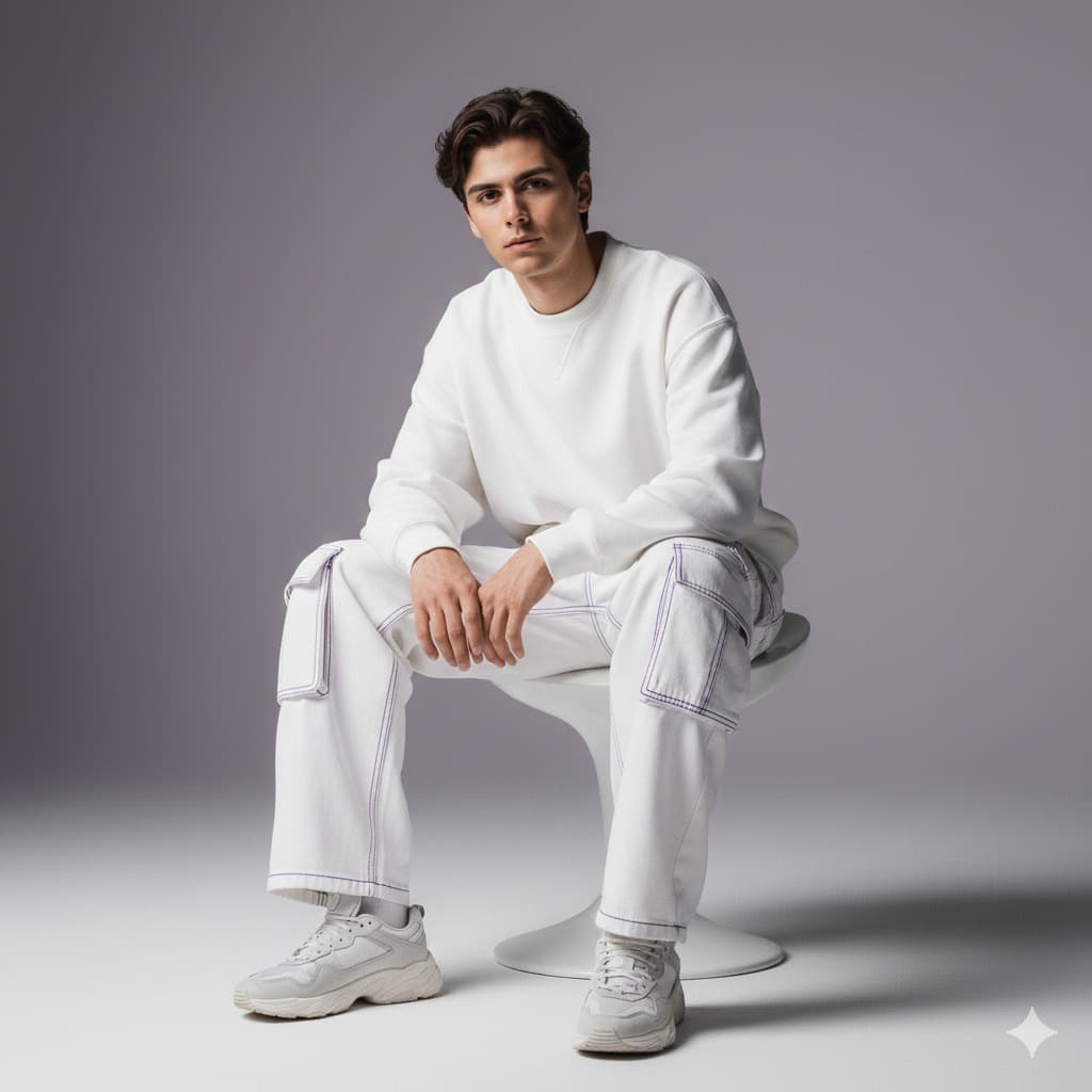 Nano Banana generated image: Outfit: The ensemble consists of an oversized white sweatshirt paired with white and purple oversized combat jeans, complemented by footwear options that include white and purple neutral or Nike sneakers, along with white ribbed socks.
Environment: The backdrop features a muted studio setting with white and purple tones.
Lighting: A soft, cinematic glow will be utilized to accentuate skin and fabric textures.
Style: The overall aesthetic combines elements of fashion editorial with a futuristic flair.
Composition: The model will be seated elegantly, maintaining a relaxed posture. It is essential that both the facial expression and hairstyle remain consistent with the reference images provided.