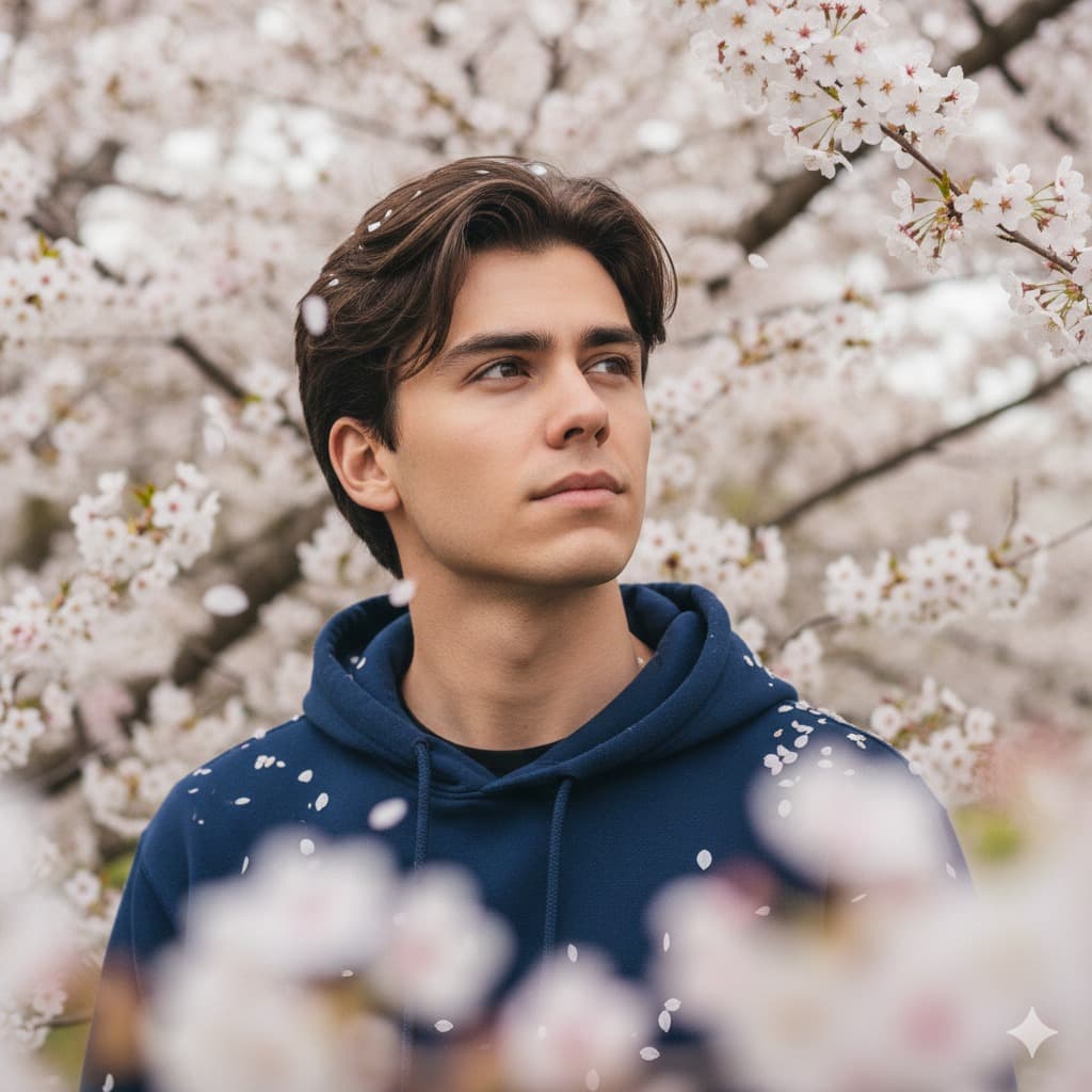Nano Banana generated image: A half-length portrait (from chest to top of head) of a young man attached photo
in a blue hoodie. He looks up and to the right, head slightly
tilted, expression slightly pensive. Dark brown hair, naturally messy, a few strands
covering his forehead. Spring scene with white-pink
cherry blossoms all around, many petals falling in the air and a few resting on the
shoulders of his shirt blazer. Foreground has blurry cherry blossoms. Keep the face features same.