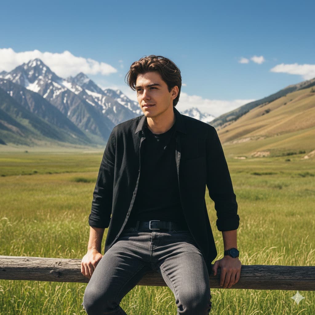 Nano Banana generated image: Create a hyper-detailed, photorealistic 8K Ultra HD image using the uploaded person’s face. The subject is sitting casually on a rustic wooden fence, legs slightly apart, leaning forward with both hands gripping the rail. Head turned slightly to the right (viewer’s left) with a relaxed, confident expression. Wears a fitted black t-shirt, black open full-sleeve shirt, dark gray jeans, black belt, and a wristwatch on the left wrist. The background shows a lush green valley with tall grass, golden-brown hills to the right, and snow-capped mountains to the left under a deep blue sky with scattered clouds. Bright natural daylight with realistic shadows and highlights. Preserve true skin tone and face details. Render in cinematic, lifelike quality with sharp focus, realistic textures, and natural color grading.