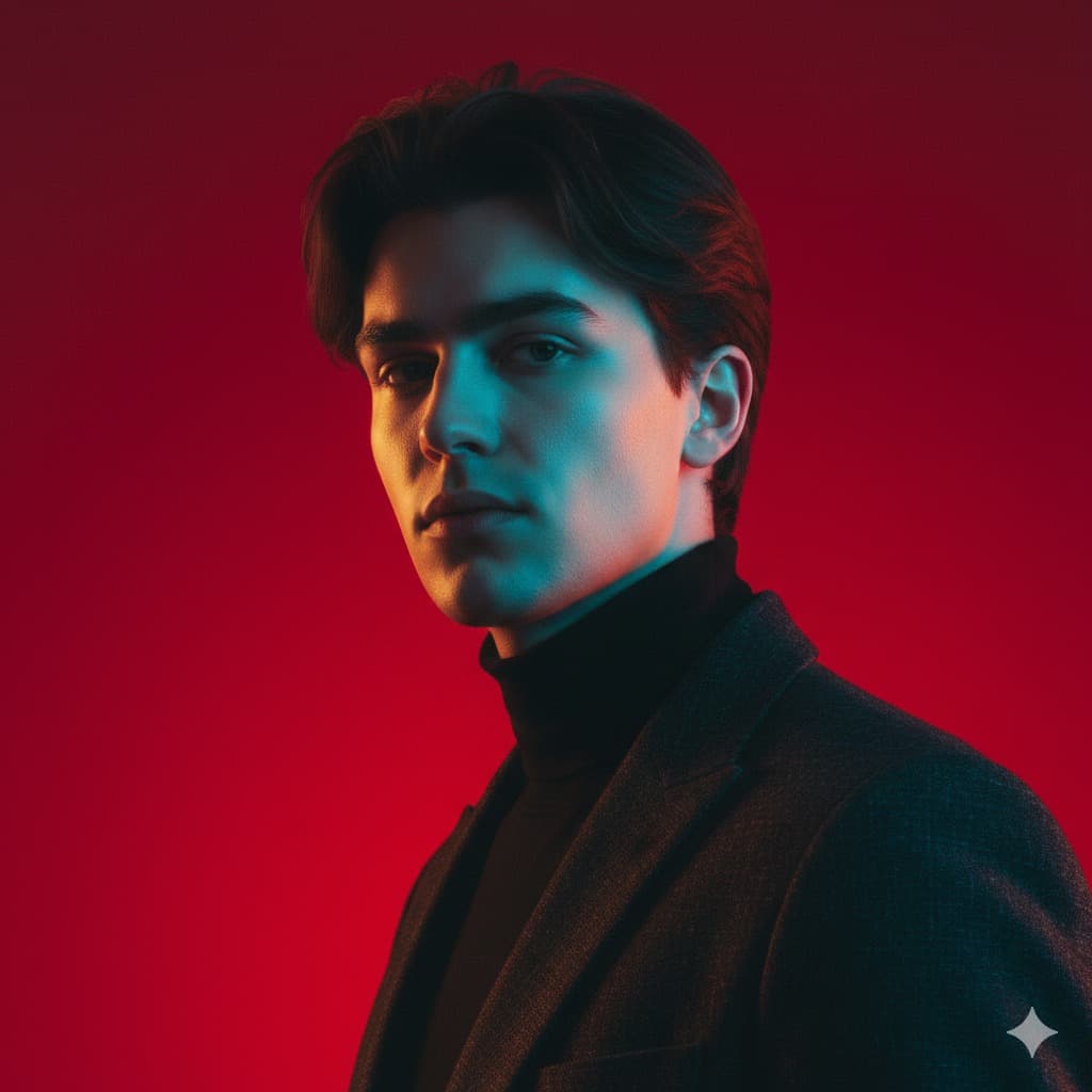 Nano Banana generated image: Create a vertical potrait shot in 1080x1920 format using the exact same face features, characterized by stark cinematic lighting and intense contrast. Captured in a slightly low, upward-facing angle that dramatized the subject’s jawline and neck, the composition evokes quite dominance and sculptural elegance. The background is a deep, saturated crimson red, creating a bold visual clash with the model’s luminous skin and dark wardrobe.