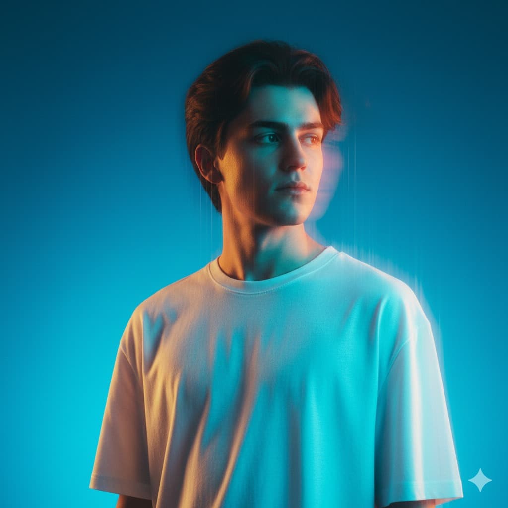 Nano Banana generated image: High-fashion cinematic half-length portrait of the person from input photo, dreamlike editorial style. Multi-exposure motion blur with ghosting and vertical streaks. Clean gradient background from deep azure (#0033AO) to cyan (#OOCCFF). Subject is calmly standing in plain white oversized T-shirt with soft folds catching colored lights. Dramatic lighting: cool blue wash plus orange/yellow edge glow from camera-left/backlight.
Expression neutral/introspective, eyes softly lit or shadowed. Shot on 50-85mm f/1.8, shallow depth, cinematic blur and chromatic separation. Crisp skin/fabric in focus, surreal minimal glitch-inspired fashion mood.