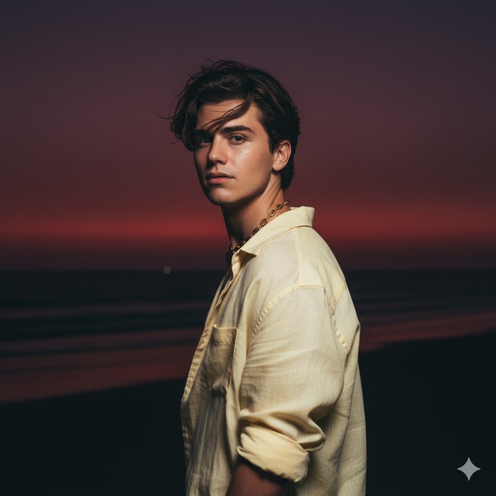 Nano Banana generated image: Create a beachy look of me like I'm on a beach where it's dark
but someone took my picture with a flash, making my face
sun-kissed, slightly glittery, and glowing.
In the background, add a sunset where the sun has 98% set,
leaving a deep purple-red sky, almost dark. The image is taken
from behind my back as I turn toward the camera.
I'm wearing a light yellow, loose, half-open linen shirt with
sleeves rolled up, paired with a subtle gold seashell necklace.
My hair is windswept, giving natural surfer vibes. The picture
is cropped from above the waist, focusing on the upper body
and glowing beachy aesthetic.
Do not change face or hair