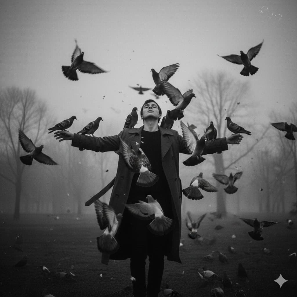Nano Banana generated image: A cinematic black-and-white portrait in moody, overcast outdoor lighting. The subject
is wearing a long, dark trench coat that flows slightly with movement, paired with a
simple black shirt underneath. The scene is filled with dramatic motion as pigeons fly
all around, some perched on the subject’s shoulders and arms, others mid-flight, their
wings creating a sense of chaos and depth. The camera angle is slightly low, giving the
subject a strong, commanding presence in the frame. The background is blurred trees
in a foggy, winter setting, enhancing the mysterious and atmospheric tone. The
composition feels raw and powerful, with shallow depth of field and a cinematic lens
effect that isolates the subject sharply against the blurred backdrop. The overall mood
is surreal and dramatic, like a still from a dark art film.