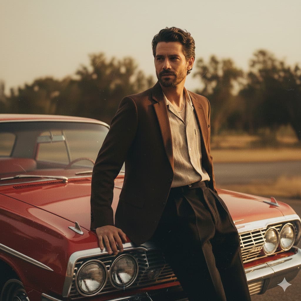Nano Banana generated image: Create a retro vintage grainy but bright image of the reference picture styled in an old
retro shirt, slightly loose and worn, giving a 90s movie vibe.
The man is standing and laying casually on a classic white Indian Ambassador car near
the headlights, romanticising the windy outdoor environment.
The scene must feel cinematic, with deep shadows and contrast drama, warm.