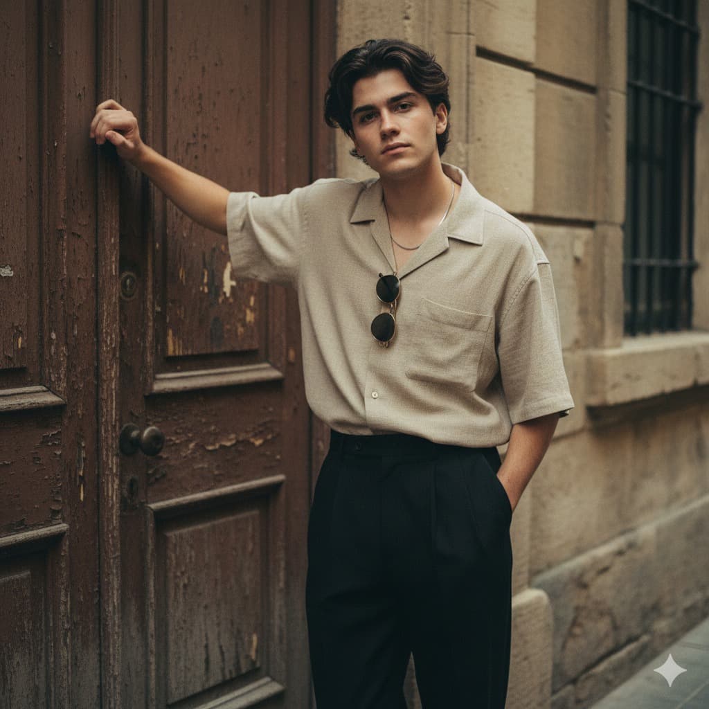 Nano Banana generated image: A 90s vintage editorial-style portrait of a young man (face reference from uploaded
photo) leaning casually against an old rustic doorway. He poses with one hand
gripping the chipped wooden door and the other tucked in his black pleated trousers,
exuding effortless confidence.
He wears a loose beige short-sleeve button-up shirt.
slightly unbuttoned at the chest with sunglasses hanging from the collar, styled in a
retro casual way.