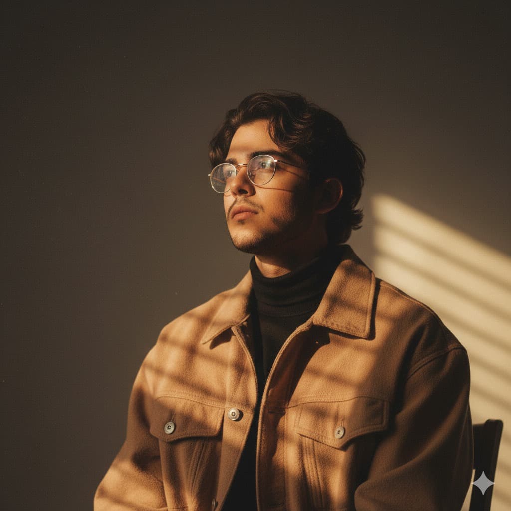 Nano Banana generated image: A boy sitting on a wooden chair in a dimly lit vintage room. He wears a skin-colored
oversized jacket. Sunlight filters through window blinds, casting dramatic stripes
across his face and the wall. The atmosphere is nostalgic and contemplative, with a
soft golden hue and warm tones. The lighting highlights his facial features against a
dark background.