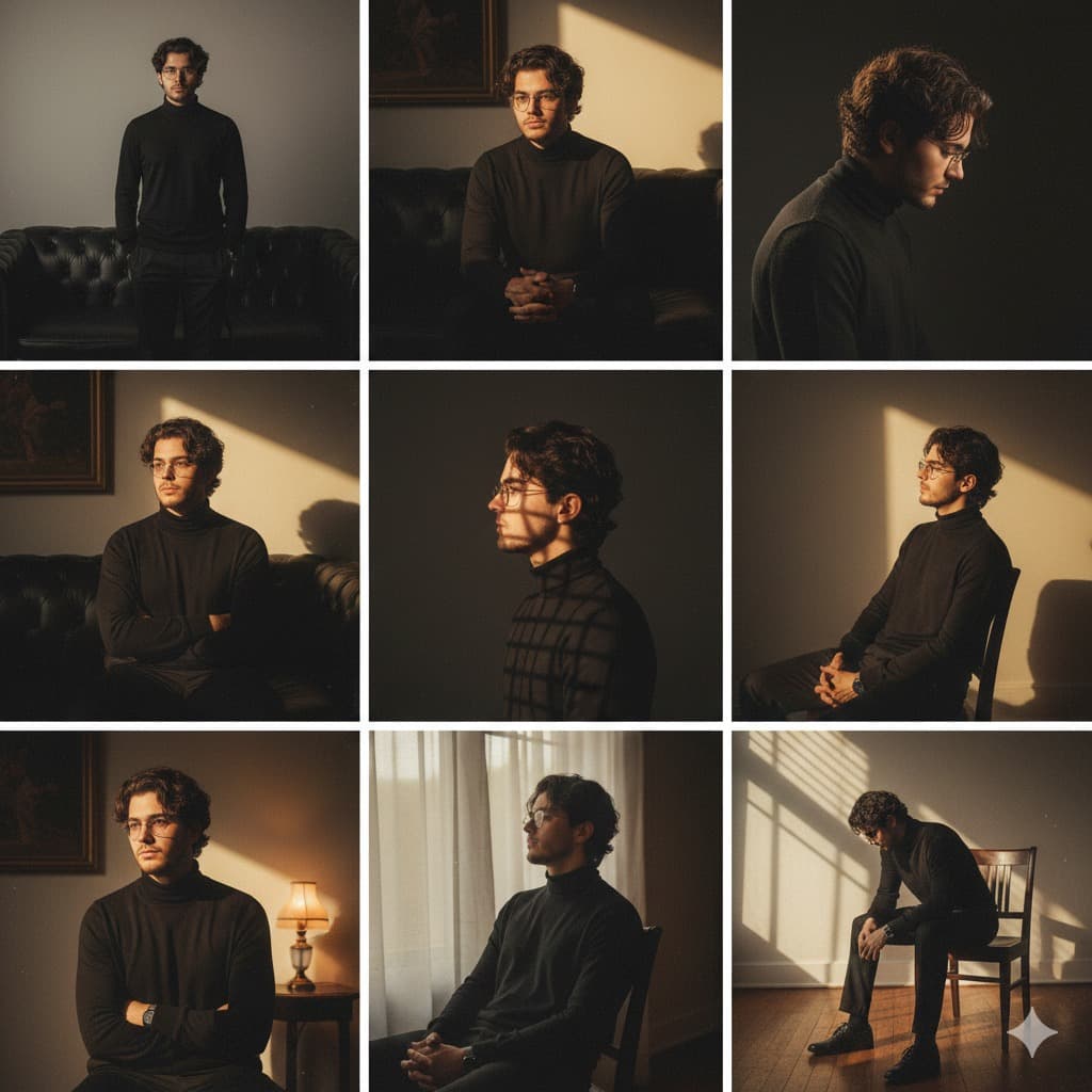Nano Banana generated image: A cinematic 3x3 collage of a man (exact same face from attached photo) in a black
turtle-neck sweater, classic elegant style with warm dramatic studio lighting. Shots
include: standing full body by a black leather sofa with soft front-left light; seated
formally with folded hands, medium shot, soft right light, dark sofa and painting
behind; right side profile bowed under top-right spotlight, plain dark background;
seated at angle with arms crossed, rim light from back-left and spotlight behind;
full side profile with overhead light casting grid shadows; sitting on wooden chair
leaning back with warm gradient light from front-right; semi-profile medium close
up with halo glow backlight and small table lamp; low-angle seated, head tilted up,
soft diagonal light through curtains; full body on wooden chair leaning forward,
hard window light casting diagonal shadows on wall and floor.
Overall mood: warm, cinematic, elegant, strong contrast highlights vs shadows
