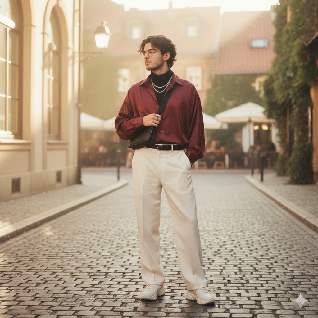 Nano Banana generated image: Create a retro-modern cinematic image with subtle film grain and soft golden
sunlight rays. The boy is styled in a Gen-Z creative influencer aesthetic: an oversized
maroon shirt with a slightly silky texture, half-tucked into off-white wide-leg
trousers that balance casual streetwear with polished tailoring. Footwear combines
chunky sneakers with a sleek, designer edge. Accessories include layered
minimalist jewelry, a slim belt, a crossbody bag, and subtle statement rings.