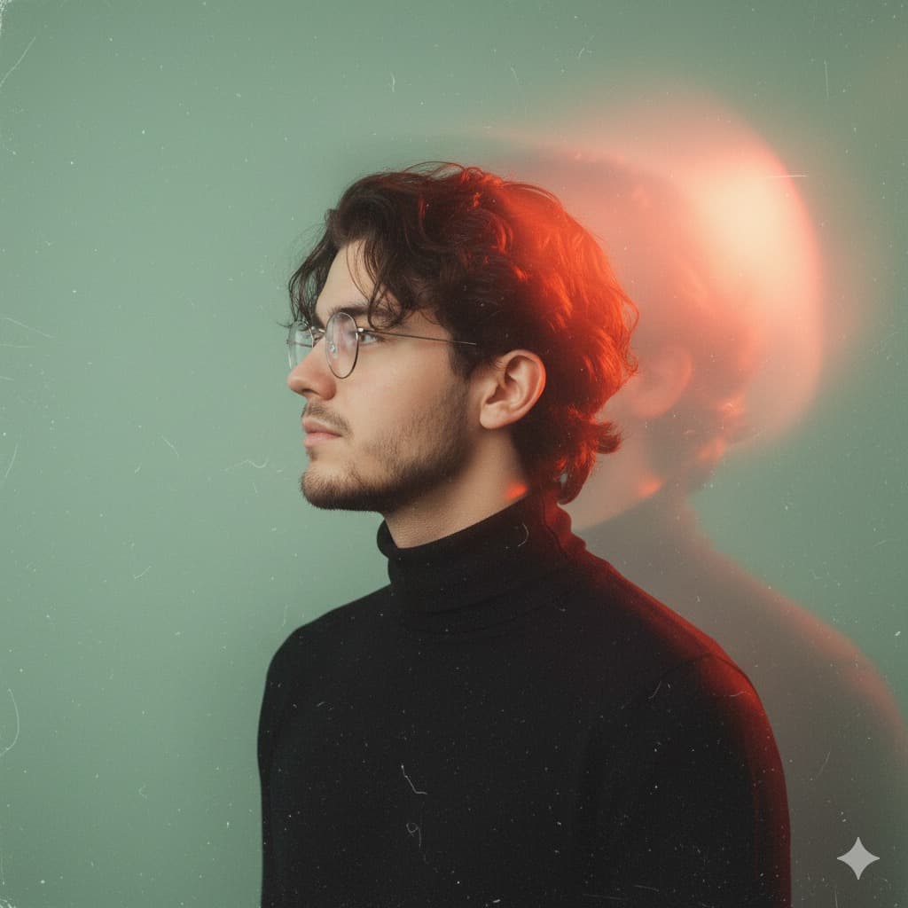 Nano Banana generated image: Photorealistic studio portrait, side profile of a young man with dark, curly hair and a
short beard, wearing round glasses with thin frames and a black turtleneck. His
gaze is directed to the left. The background is a clean, minimalist off-white or light
gray. There are pronounced horizontal motion blur streaks originating from behind
and around his head, extending towards the right side of the frame. These streaks
are bright orange and red, creating a glowing, energetic effect, and subtly fade into
softer, darker blurs on the right. There's a subtle film grain or dust overlay
throughout the image, giving it a vintage or distressed photographic quality. The
lighting is soft and even, highlighting the contours of his face and the texture of his
hair. Maintaining 100% facial accuracy of the attached image. The overall mood is
thoughtful and dynamic blending a classic portrait style with modern visual effects.
Add more light leaks glitch effects and blurry light overlays on this image,
background to have subtle pistachio hue. No string Leaks , All light leaks and Glitch
effects to have smooth soft edges and not sharp Motion-like line pattern. More like
a Luminary effect overlay.