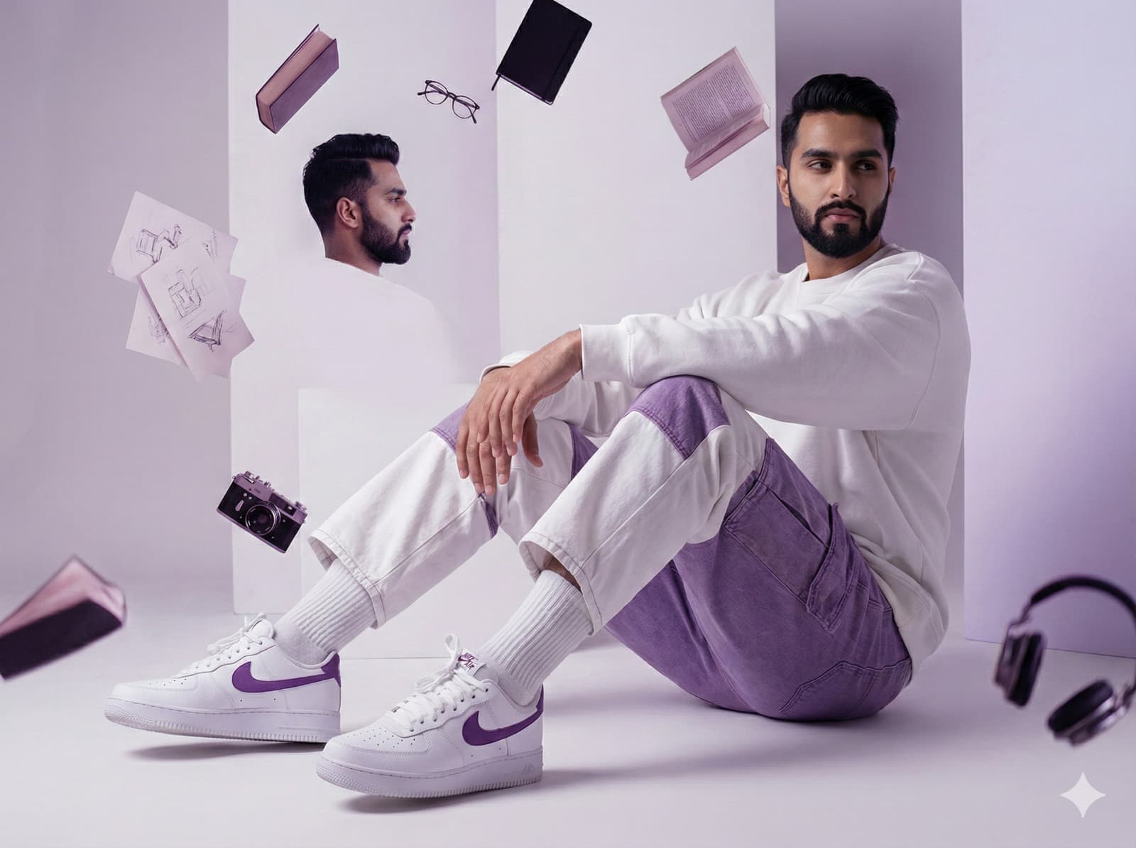 Nano Banana generated image: Outfit: The ensemble consists of an oversized white sweatshirt paired with white and purple oversized combat jeans, complemented by footwear options that include white and purple neutral or Nike sneakers, along with white ribbed socks.
Environment: The backdrop features a muted studio setting with white and purple tones.
Lighting: A soft, cinematic glow will be utilized to accentuate skin and fabric textures.
Style: The overall aesthetic combines elements of fashion editorial with a futuristic flair.
Composition: The model will be seated elegantly, maintaining a relaxed posture. It is essential that both the facial expression and hairstyle remain consistent with the reference images provided.