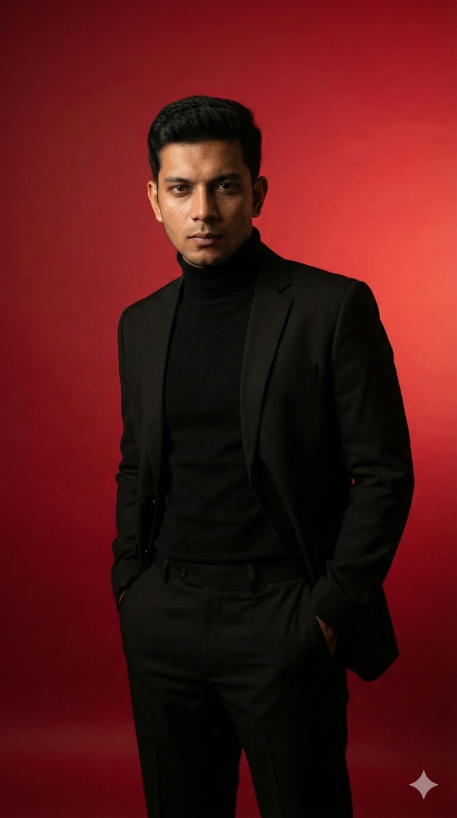 Nano Banana generated image: A cinematic editorial portrait captures a confident man dressed entirely in black—a black turtleneck paired with a black tailored suit. He stands with both hands in his pockets, his gaze intense, set against a striking red gradient background. The lighting is smooth and directional, casting soft shadows on his face and suit to highlight his facial structure and the clean lines of his attire. The studio environment is distraction-free, exuding a fashion-forward vibe. This image was created using an 85mm portrait lens with a high-contrast lighting setup, embodying a style reminiscent of fashion magazines. The minimal color palette, cinematic red backdrop, matte finish texture, and DSLR depth rendering contribute to the sophisticated studio fashion photography.