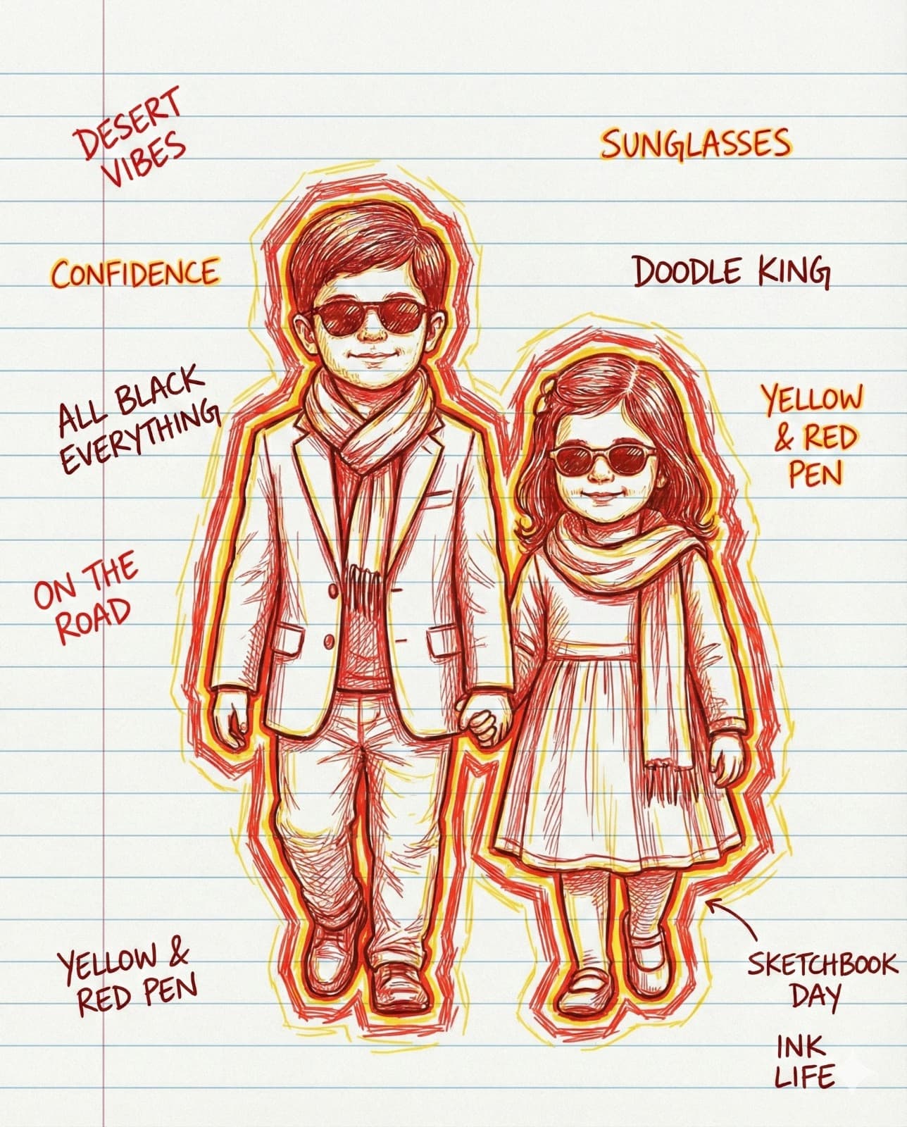 Nano Banana generated image: Generate a hand-drawn portrait illustration in red and yellow pen on notebook paper, inspired by doodle art and comic annotations. Keep full likeness of the subject, expressive lines, spontaneous gestures, bold outline glow, handwritten notes around, each note should be different and unique to the image, realistic pen stroke texture, 4K resolution.