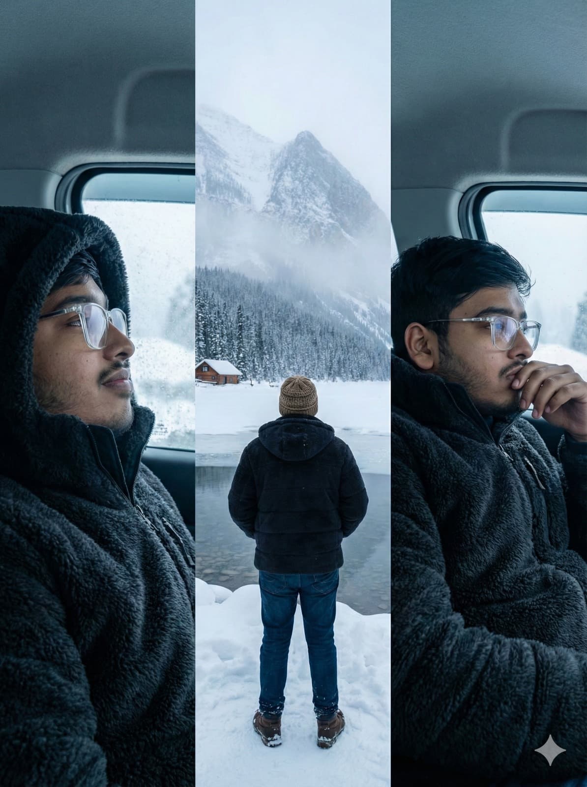 Nano Banana generated image: Create a three-image winter collage featuring the exact same person from the uploaded photo, keeping the face, hair, race, and proportions unchanged. The overall mood is calm, cinematic, and documentary-real, with natural cold lighting, soft overcast skies, and a remote snowy environment. Frame 1 shows the subject inside a car, captured in a peaceful side-profile close-up, wrapped in a thick plush winter coat with a large hood, window light reflecting off the snow outside. Frame 2 shifts outdoors to a wide back-facing portrait of the subject standing at the edge of a frozen lake, surrounded by misty mountains and a small wooden cabin in the distance, the scenery expansive and quiet. Frame 3 returns to another interior car shot, this time a medium close-up from a slightly lower angle, showing the subject looking contemplatively out the window, coat texture rich and realistic. All frames should share consistent color grading—cool whites, muted blues, and natural skin tones—with crisp details, no smoothing, and a serene winter-travel aesthetic. aspect ratio 9:16