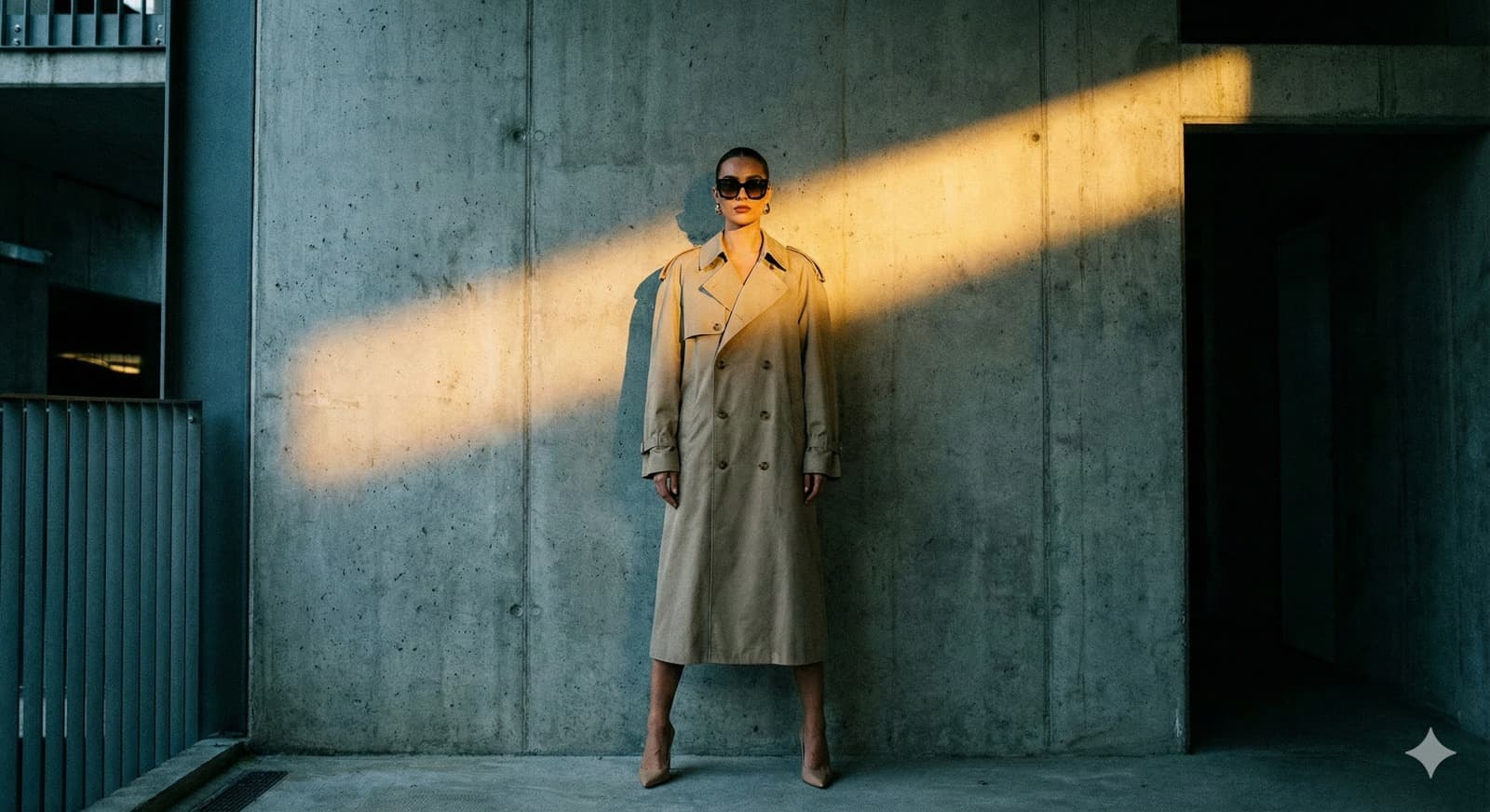 Nano Banana generated image: Create a sleek, high-fashion portrait of a woman standing confidently in front of a textured concrete wall. She wears an oversized beige trench coat styled with bold sunglasses and pointed heels, her posture sharp and commanding. The background is lit with a warm golden beam cutting across cool shadows, creating a stylish urban editorial look.