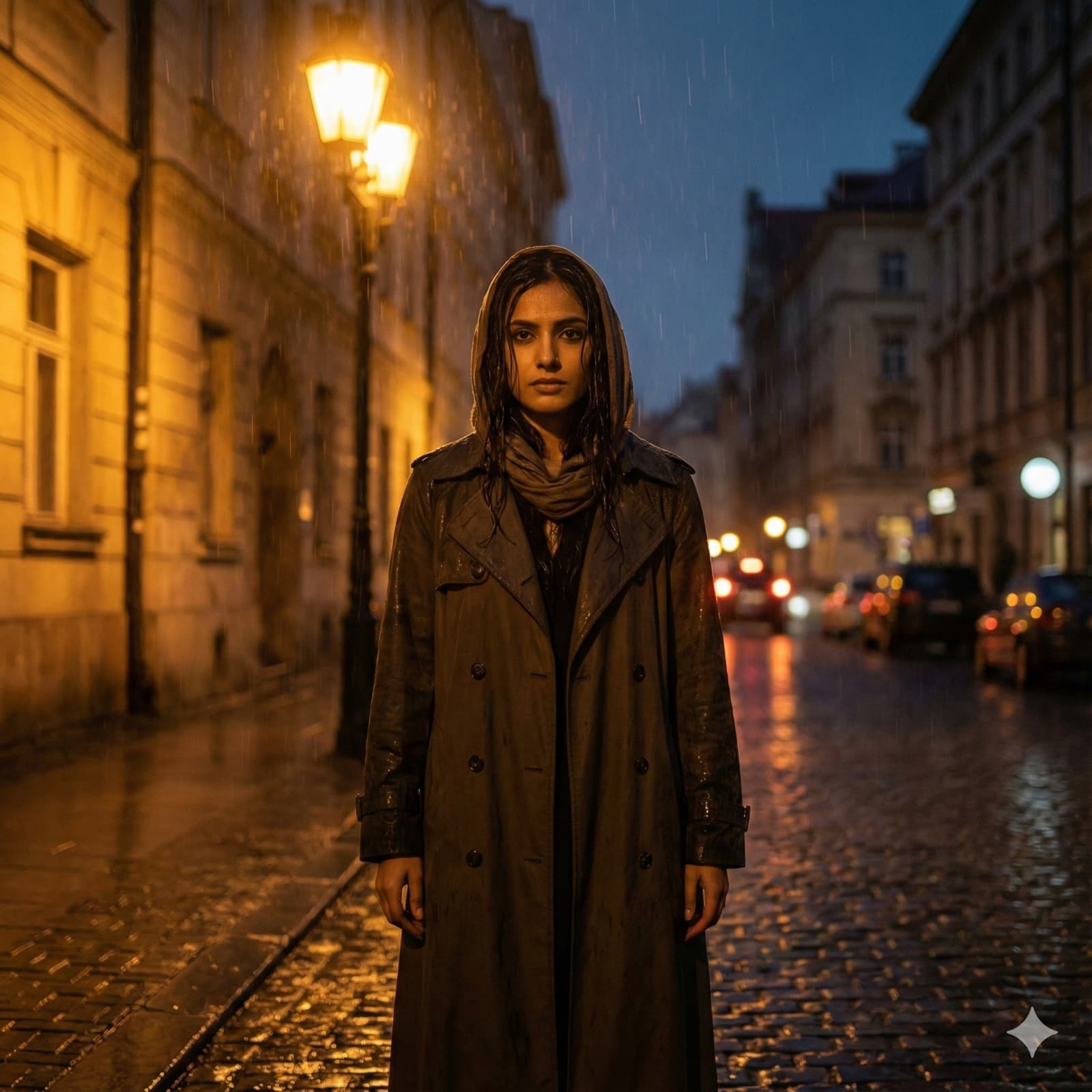 Nano Banana generated image: Create a dramatic fashion portrait of a woman standing in the rain at night under a glowing streetlamp. She wears a long black trench coat, her hair slightly wet, and her gaze direct and powerful. The cinematic glow of the light mixes with the raindrops, adding depth, mystery, and cinematic tension.
aspect ratio 1:1