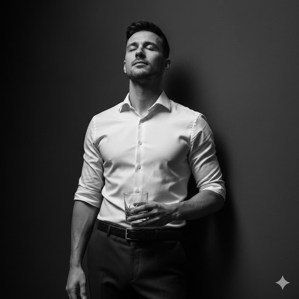 Nano Banana generated image: Create a black-and-white portrait of me, matching my exact facial features and expression. I’m in profile, relaxed against a smooth wall, with my head tilted back, eyes closed, and a calm demeanor. My left arm is natural, while my right holds a glass tumbler at waist height. I wear a fitted white shirt with rolled sleeves, tucked into dark trousers with a slim belt, maintaining a minimalistic look. The high-contrast lighting highlights my features and creates deep shadows for a moody atmosphere. The shot is from the thighs up at eye level, using an 85mm lens against a dark background for a classic, refined aesthetic.