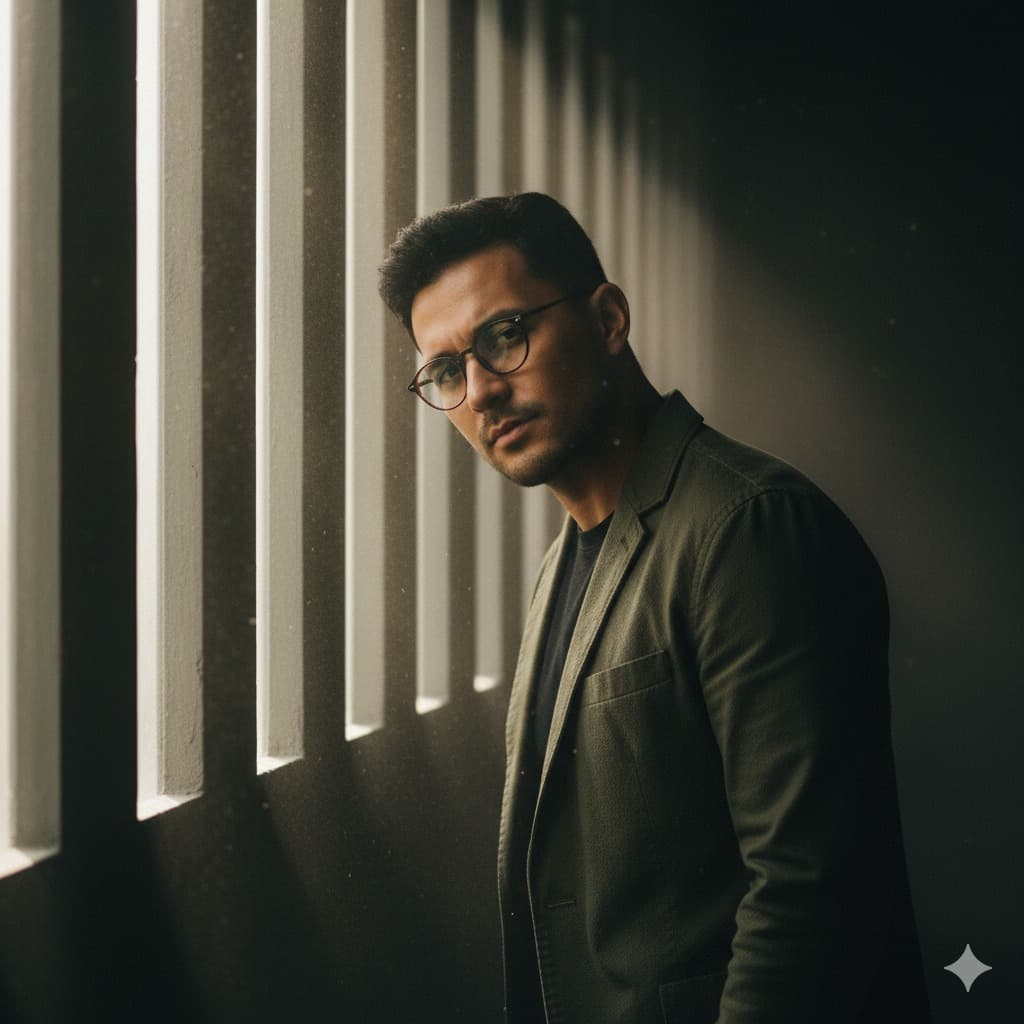 Nano Banana generated image: # A Cinematic Portrait of a Man
A striking image captures a man standing beside a wall adorned with slender beams of light filtering through vertical slits. Dust dances with the light around him, creating an ethereal atmosphere. His face is partially illuminated, while the remaining features fade into shadow. The camera captures a mid-shot, slightly tilted to enhance the tension. Dressed in a dark olive jacket and round glasses, he embodies a mysterious and artistic mood.