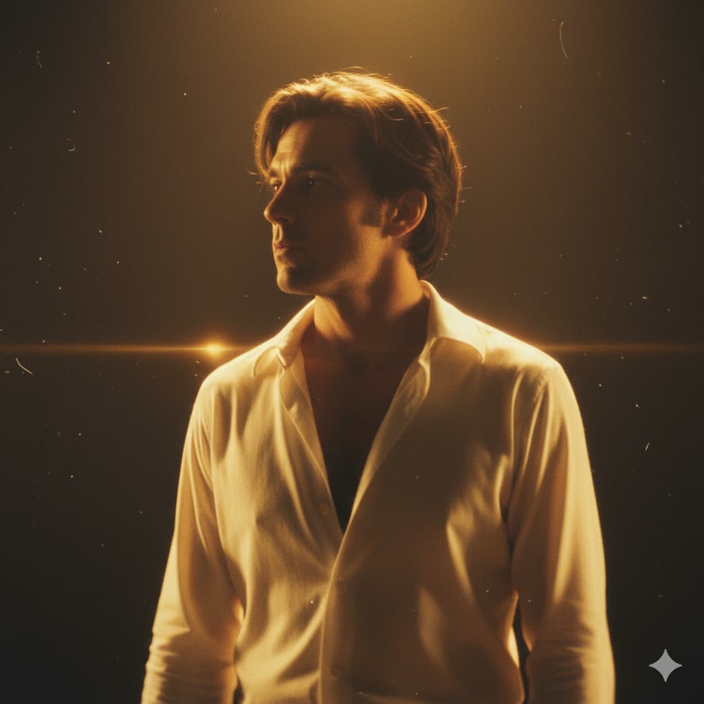 Nano Banana generated image: # 8K Cinematic Portrait of a Man
A man gently moves against a dim, amber-lit backdrop, captured in 8K resolution. The motion blur creates an enchanting illusion of fading memories. His loose white shirt and tousled hair radiate softly in warm golden light, imparting a nostalgic film-like quality. His expression is both distant and serene, as if he is immersed in a memory. Subtle grain and light flares amplify the analog aesthetic, conjuring a dreamlike and emotive still reminiscent of a 1970s romantic art film.
