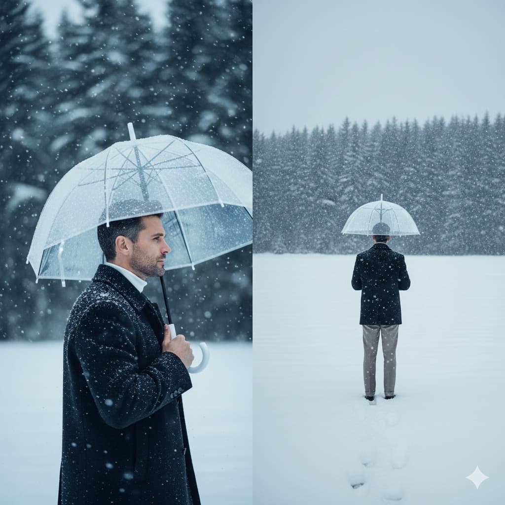 Nano Banana generated image: Create a two-image winter collage featuring the exact same person from the uploaded photo, keeping the face, hair, race, and proportions unchanged. Capture a serene, atmospheric snowfall in a quiet forest clearing, with soft diffused light and a calm, documentary feel. Frame 1 is a close-up side-profile shot of the subject standing under a clear umbrella, snowflakes landing on the umbrella surface and on the subject’s hair and jacket, with a shallow depth of field that blurs the snowy trees behind. Frame 2 is a wide full-body shot from behind, showing the subject standing alone in an open snow-covered field, still holding the transparent umbrella, facing a dense winter forest as heavy snow falls around them. Maintain cool blue-white tones, crisp natural details, no smoothing, and an intimate, quiet mood that feels like a real winter moment captured on a high-end phone camera.
