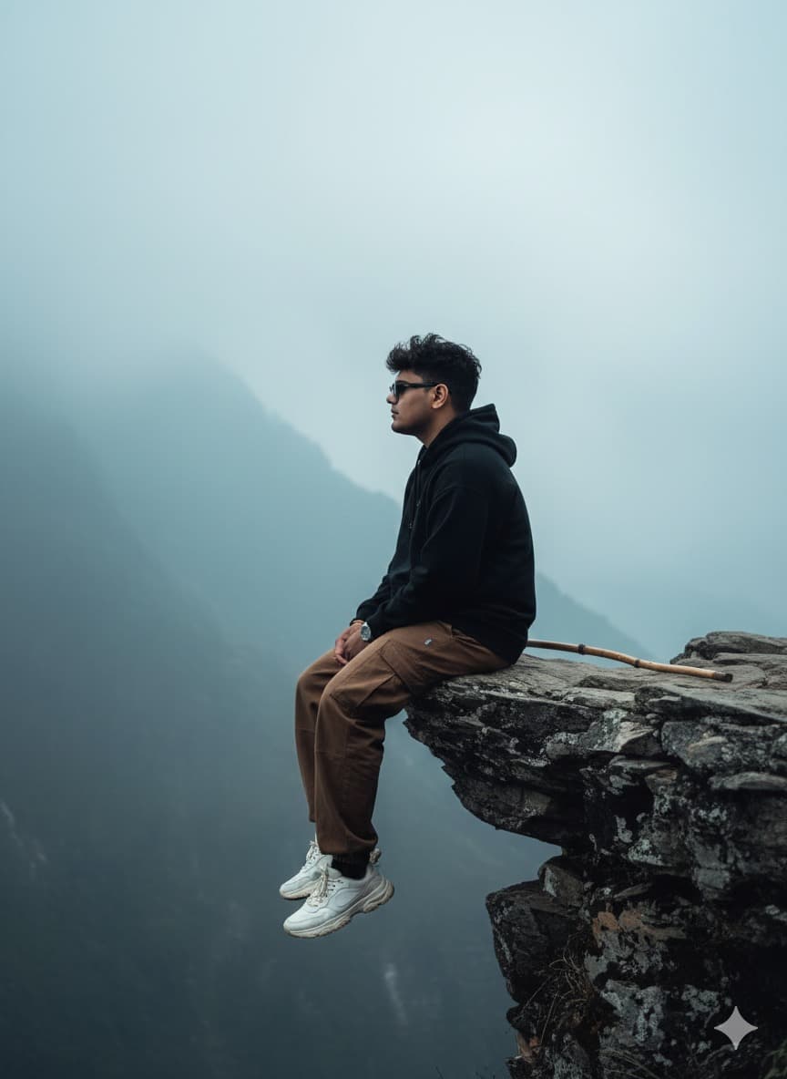 Nano Banana generated image: Create a hyper-realistic portrait of a man sitting in a cliff a of rock in mountain, (Used reference photo 100% for Face details) the full shot of a man from the side view, with Wavy Farming massy hair, sitting on the edge of a rocky cliff. He is wearing a Black Oversized Hoodie and Brown oversized pants and white sneakers. A rests on the rock beside him. In the full dence misty background, there is a foggy, vast mountain view with a light, overcast sky. High-quality photo, cinematic light, deep shadows and bright highlights