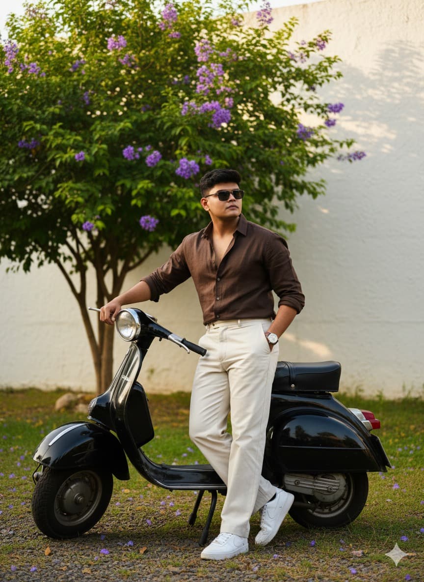 Nano Banana generated image: Realistic 8K cinematic photo of the same man (keep face and physique 100% unchanged) standing outdoors, leaning on a vintage black scooter. He wears a dark brown button-up shirt (partially unbuttoned, sleeves rolled), cream wide-leg trousers, and Nike shoes. Sunglasses on, looking slightly right. Bright natural daylight, green tree with purple flowers, white wall, lush ground cover, warm lighting, candid high-fashion vibe, sharp focus.