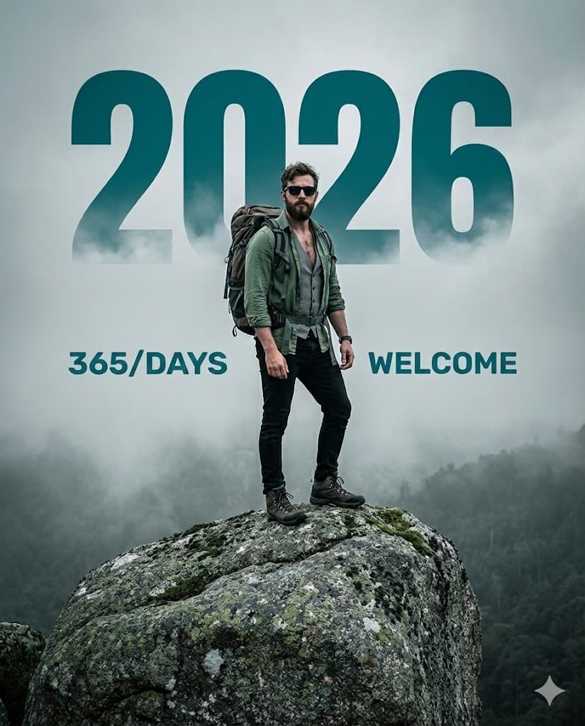 Nano Banana generated image: An adventurous full-body shot of a man standing heroically on top of a large, mossy boulder in a foggy mountain environment. He is wearing a green unbuttoned shirt over a grey vest, black jeans, and sunglasses. He has a hiking backpack strapped to his back. The background is thick mountain mist. Large, bold teal text "2026" is integrated into the sky behind him. The text "365/DAYS" and "WELCOME" sits on the horizon line. Desaturated cool tones, travel influencer aesthetic, sharp focus. --ar 4:5