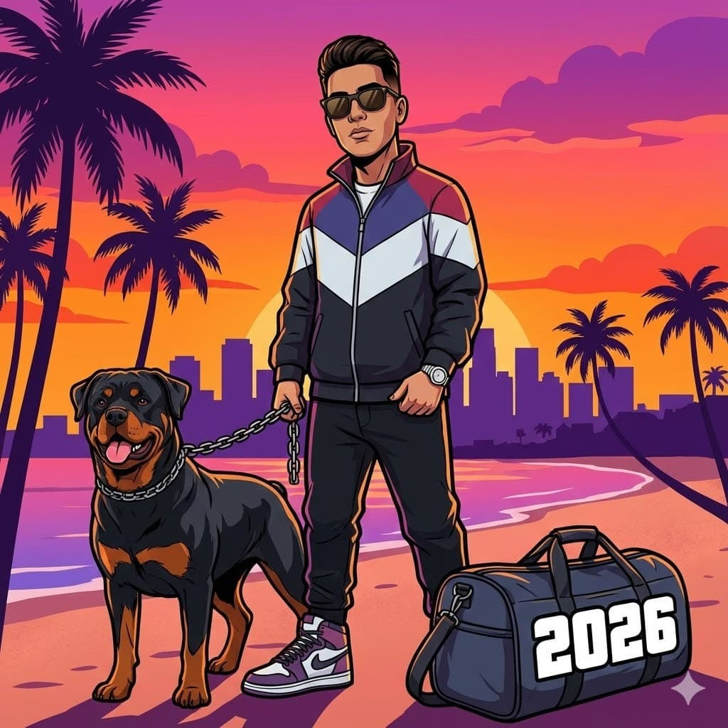 Nano Banana generated image: "Grand Theft Auto (GTA) loading screen art style. Vector illustration, cel-shaded. The person is posing confidently with a Rottweiler dog on a leash and a duffel bag marked '2026'. Sunset beach background, bold outlines, saturated orange and pink colors." AR--1:1