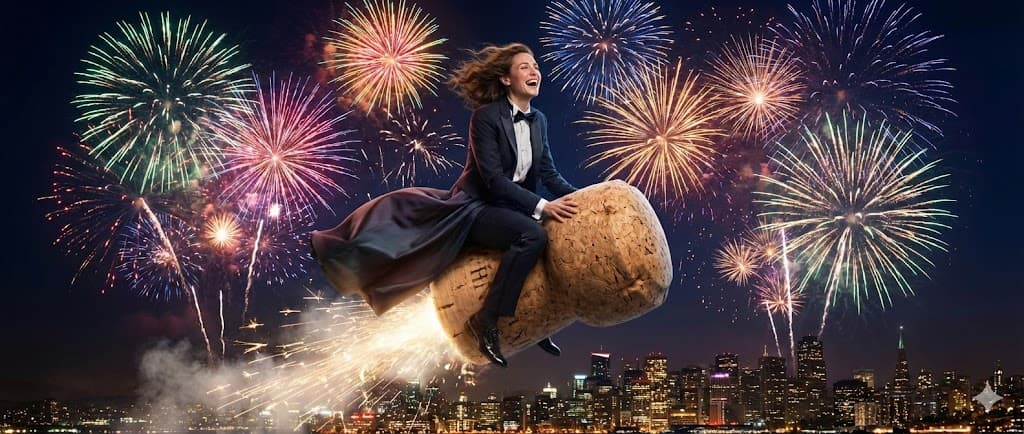 Nano Banana generated image: "A cinematic, ultra-realistic wide shot of a person riding a giant, exploding champagne cork like a rodeo cowboy into the night sky. The background is filled with massive colorful fireworks. The person is wearing a tuxedo/evening gown, laughing excitedly, hair blowing in the wind, hyper-detailed face, 8k resolution, festive atmosphere."