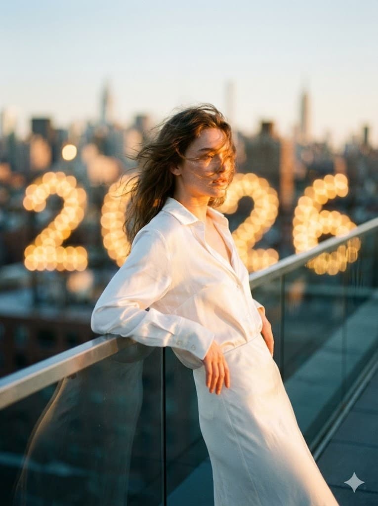 Nano Banana generated image: "A candid, high-fashion shot of a person leaning against a glass railing on a rooftop at sunset. Golden hour lighting hitting the face perfectly. In the background, the city skyline is blurred with bokeh lights forming the shape '2026'. Wearing a white silk shirt/dress, wind in hair, soft dreamy focus, 8k resolution." AR--3:4