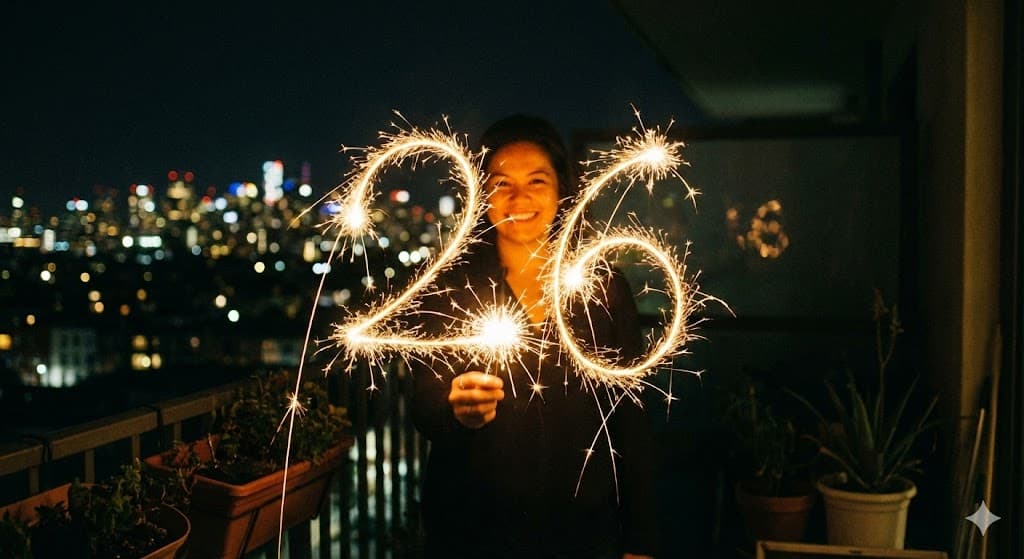 Nano Banana generated image: "A long-exposure creative shot. The person is standing on a dark balcony, using a sparkler to write '26' in the air. The light trails are bright gold and crisp. Their face is illuminated by the sparks. They are smiling at the camera. City lights bokeh in the background."
