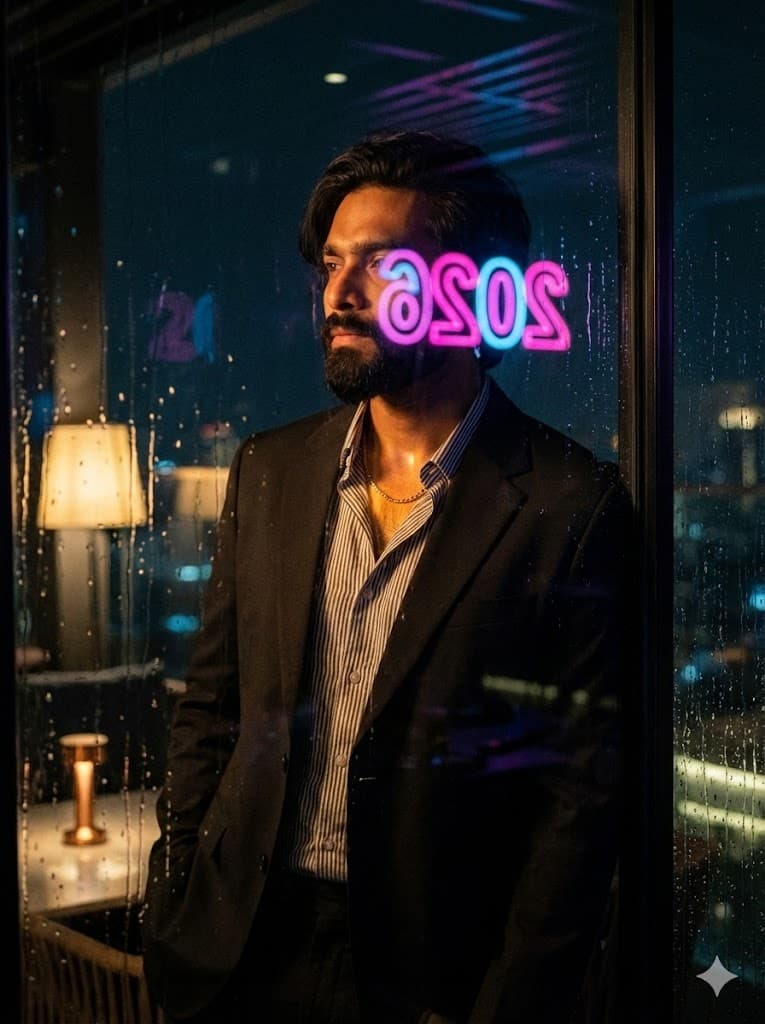 Nano Banana generated image: A cinematic, moody portrait taken through a wet glass partition in the upscale lounge. The man in the relaxed dark black suit and striped shirt is looking out, away from the camera, with a gold chain catching the light. The reflection of a neon pink and blue "2026" sign from inside the club is superimposed over his face and the dark glass. Rain droplets streak the window. The lighting is mixed warm tungsten and cool neon. Gritty film grain, emotional aesthetic. 8k quality. --ar 3:4