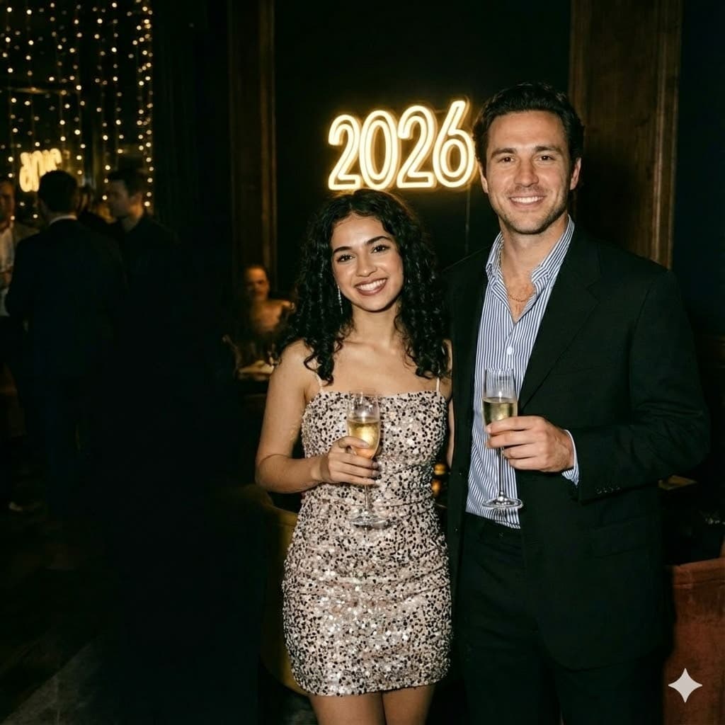 Nano Banana generated image: A medium-wide, candid photograph of a smiling couple posing together at a New Year's Eve party. The man on the right wears a black suit jacket over a blue and white striped button-down shirt and holds a champagne flute. The woman on the left has dark, curly hair and wears a sleeveless, sequined mini-dress, also holding a champagne flute. They are standing in front of a brightly glowing neon sign that reads "2026" in warm white light. The background is dark and atmospheric, featuring strands of warm LED fairy lights and other blurred partygoers. The lighting is low and warm, with the primary illumination coming from the neon sign and string lights.