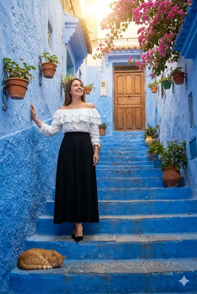 Nano Banana generated image: A photorealistic, full-body shot of a young woman standing on a narrow, blue-painted stone staircase in Chefchaouen, Morocco. She is wearing a white off-the-shoulder ruffled blouse and a long black skirt, with black heels. She stands on the stairs looking up and to the side with a bright smile, her left hand resting gently on the blue textured wall. The alleyway is vibrant blue, decorated with terracotta flower pots containing green plants mounted on the walls. Cascading pink bougainvillea flowers hang from the top right. In the background at the top of the stairs is a traditional wooden door. On the bottom left step, a small ginger cat is curled up sleeping. Soft, warm golden sunlight streams from the top center, creating a backlight effect against the cool blue tones. Cinematic lighting, highly detailed, 8k resolution ar--4:5