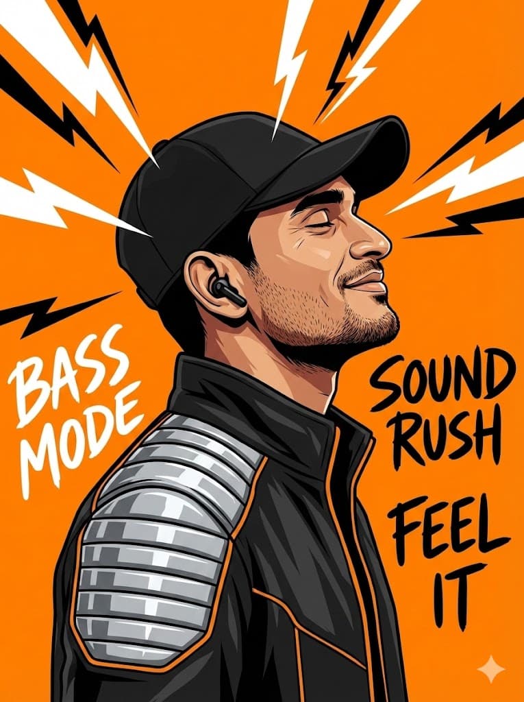Nano Banana generated image: "A high-contrast vector illustration in the style of Grand Theft Auto loading screen art or an esports mascot logo. The subject is a man shown in strict side profile facing right, head tilted slightly back with eyes closed and a blissful, smiling expression. He has short dark stubble and is wearing a plain black baseball cap and a black tech-wear jacket. The jacket features distinct silver, horizontally-ribbed metallic padding on the shoulder and upper arm, accented with thin orange piping along the zipper and collar. He is wearing a black wireless earbud. The background is a flat, vibrant orange. Jagged white and black lightning bolts radiate explosively from the head area. Hand-lettered marker-style text surrounds him: white text 'BASS MODE' on the left, and black text 'SOUND RUSH' and 'FEEL IT' stacked on the right. Thick black outlines, cel-shaded coloring, sharp details." ar--3:4