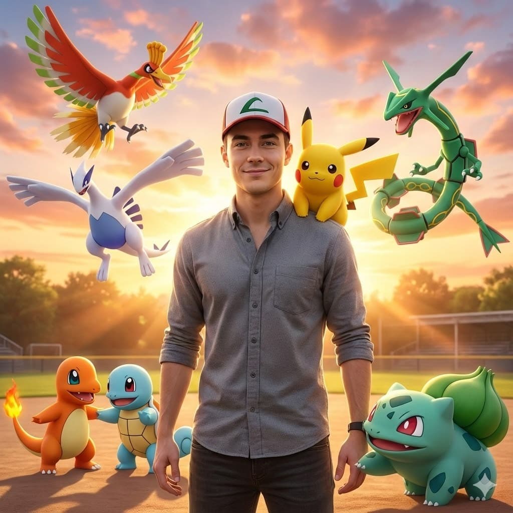 Nano Banana generated image: {"Ultra-realistic 8K cinematic portrait of the young man in the photo "without any facial modification" as a Pokémon Trainer, centered and posing confidently, smiling very "very subtly" naturally. Surrounding the user are friendly Pokémon: Pikachu, Bulbasaur, Charmander, and Squirtle, interacting in playful and dynamic ways, some leaning towards the user. The background is a vibrant, sunlit training ground, featuring soft shadows, cinematic lighting, and a spectacular sunset sky with warm orange and pink hues. In the sky, Legendary Pokémon soar majestically, illuminated by the golden sunlight, appearing larger and more prominent for an epic effect. Lifelike Pokémon fur, clothing, and textures, HDR lighting, sharp details, natural yet vivid colors, realistic lens flares, wide-angle perspective, shallow depth of field, and subtle motion blur for dynamic energy. Framed composition like a heroic game poster, capturing a joyful atmosphere, Adventurous and epic Pokémon trainer.",
"size": "1024x1024",}