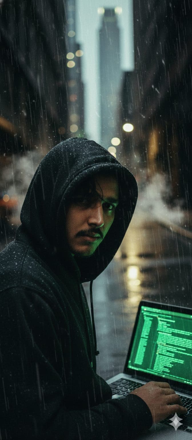Nano Banana generated image: A portrait using my face, depicted as a hacker in a dark, rainy urban environment, strongly in the style of Mr. Robot. The subject is wearing a large hooded sweatshirt, covering the entire head but leaving the face visible, looking at the camera, with a computer screen reflecting a soft green code onto their face. The lighting is dramatic and low-contrast, with only the monitor light and some blurred streetlights in the background. There is a sense of isolation and paranoia. The image has a grainy, almost cinematic aesthetic, reminiscent of modern noir films, with a focus on technology and surveillance.