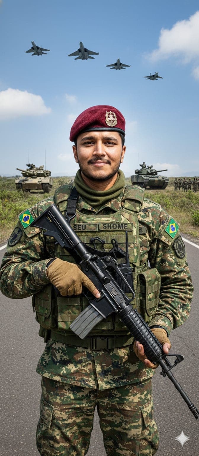 Nano Banana generated image: Crie uma fotografia realista de um soldado em posição de prontidão, com leve sorriso, em pé ao ar livre. O soldado sou eu, vestindo uniforme militar camuflado em tons de verde, marrom e bege, com colete tático verde-oliva cheio de bolsos e compartimentos. No colete está escrito o nome( SEU NOME). Uso uma boina vinho com distintivo metálico, uma gola de lã verde enrolada no pescoço e luvas marrons. No braço direito há o brasão com a bandeira do Brasil. Estou segurando um rifle preto moderno, calibre 5,56 mm (M16), apoiado na frente do corpo com as duas mãos.
O fundo mostra arbustos verdes e piso cinza de asfalto. Atrás, complemente a cena com um cenário militar épico, incluindo tanques de guerra, carros de exército, caças voando no céu e soldados em formação ao fundo. A iluminação deve ser equilibrada e realista, transmitindo a atmosfera de uma operação militar. A cena deve combinar prontidão e seriedade com cordialidade e humanidade expressa pelo leve sorriso.