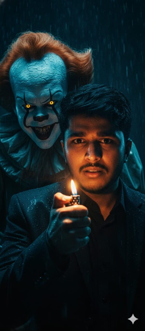 Nano Banana generated image: I’m standing in the dark, holding a lighter close to my face, its flame casting a warm glow on my expression. Behind me stands Pennywise the Dancing Clown from IT, his terrifying face lit by the same flame, smiling menacingly over my shoulder. The atmosphere is cinematic and tense, Halloween horror style, strong blue and orange lighting contrast, ultra-realistic, detailed skin texture, 4K, shallow depth of field, movie still look. same face.