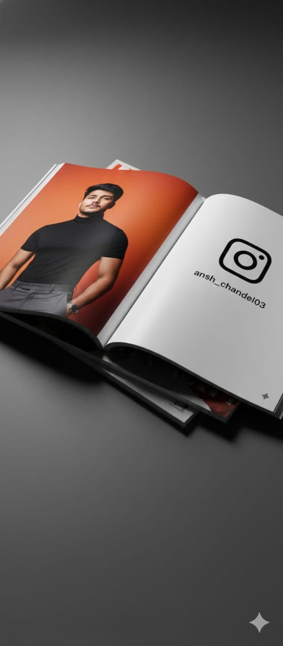 Nano Banana generated image: Hyper-realistic 8K HD high-resolution photo of an open fashion magazine lying on a dark gray surface with subtle softbox reflections and realistic shadows beneath it, shot diagonally from above.
The magazine is open across two pages:
On the left page, there is a printed editorial photo of Same Person (keep his original face), fit and dark hair slightly messy yet glossy, head tilted slightly upward with a confident and intense gaze.
He wears same outfit same uploaded image paired with a silver wristwatch, giving a clean, modern, and confident fashion vibe.
The background of the printed photo is a vivid orange backdrop with strong front-top lighting, creating dramatic highlights and shadows on his face and neck. The lighting is glossy, high-contrast, with shallow depth of field, giving an edgy high-fashion editorial aesthetic.
On the right page, include a small to big Instagram Original logo icon followed by the handle "@ansh_chandel03" in sleek modern sans-serif font, maintaining a luxury fashion-magazine composition.
The pages show realistic glossy paper reflections, fine paper texture, slightly curved pages, and stacked magazines underneath. Cinematic, elegant, ultra-detailed, with realistic reflections and premium editorial aesthetics. -ar 16:9 -v 6-style raw -quality 2 -upbeta -realistic lighting -8k ultra detailed -magazine editorial -printed photo on glossy paper -no
elements breaking page boundary.