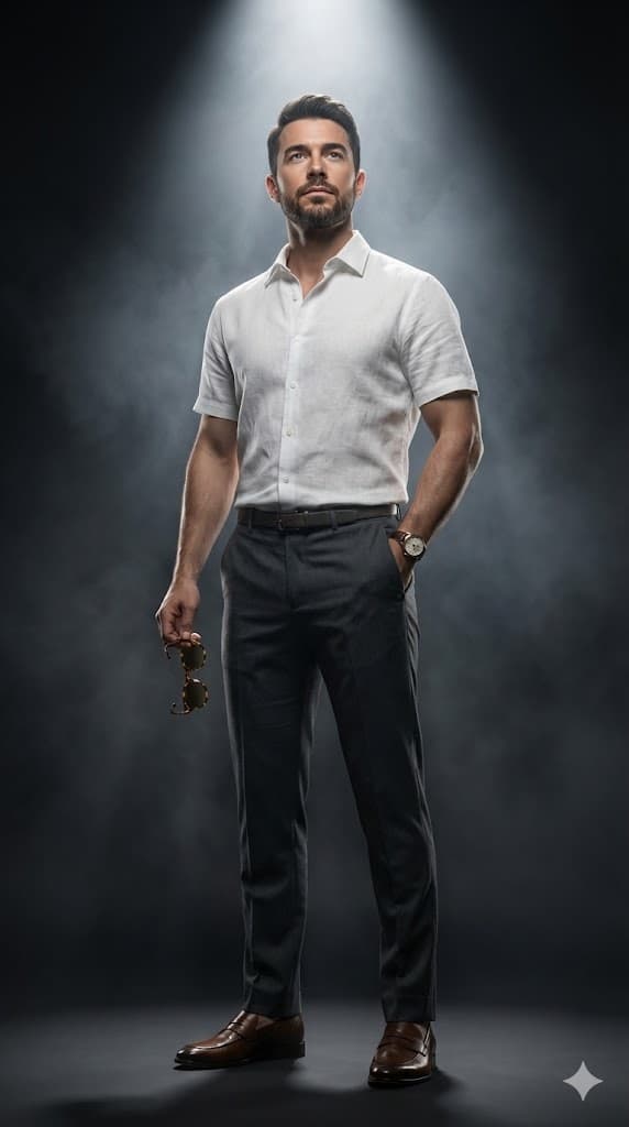 Nano Banana generated image: Hyper-realistic cinematic editorial portrait of the provided man (keep face 100% unchanged, preserve realistic skin texture). He stands tall in a dark, moody studio, facing the camera under a dramatic spotlight, with soft drifting smoke creating atmosphere. Outfit: crisp short-sleeve white button-up shirt in relaxed old money style, tucked effortlessly into tailored lightweight trousers, minimal belt, and polished leather loafers. Accessories: a classic luxury wristwatch visible on the wrist, and vintage sunglasses casually held in one hand. His posture feels effortlessly confident, one hand partly in pocket, shoulders relaxed, head tilted slightly upward with calm authority. Strong contrast lighting enhances the natural textures of skin and fabric, creating a timeless, understated but powerful old money editorial look in photorealistic 8K detail ar--9:16